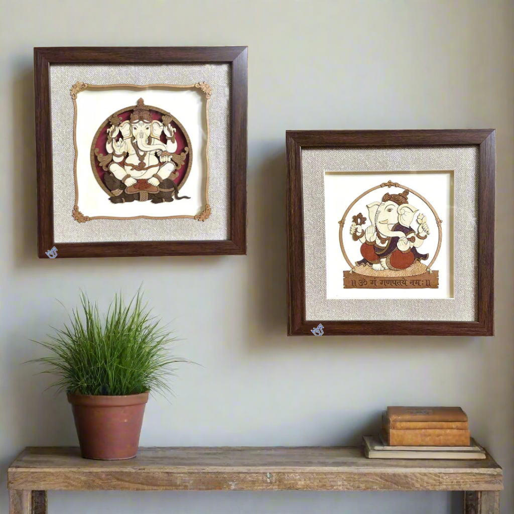 Two framed artworks of a deity with intricate designs on a white background