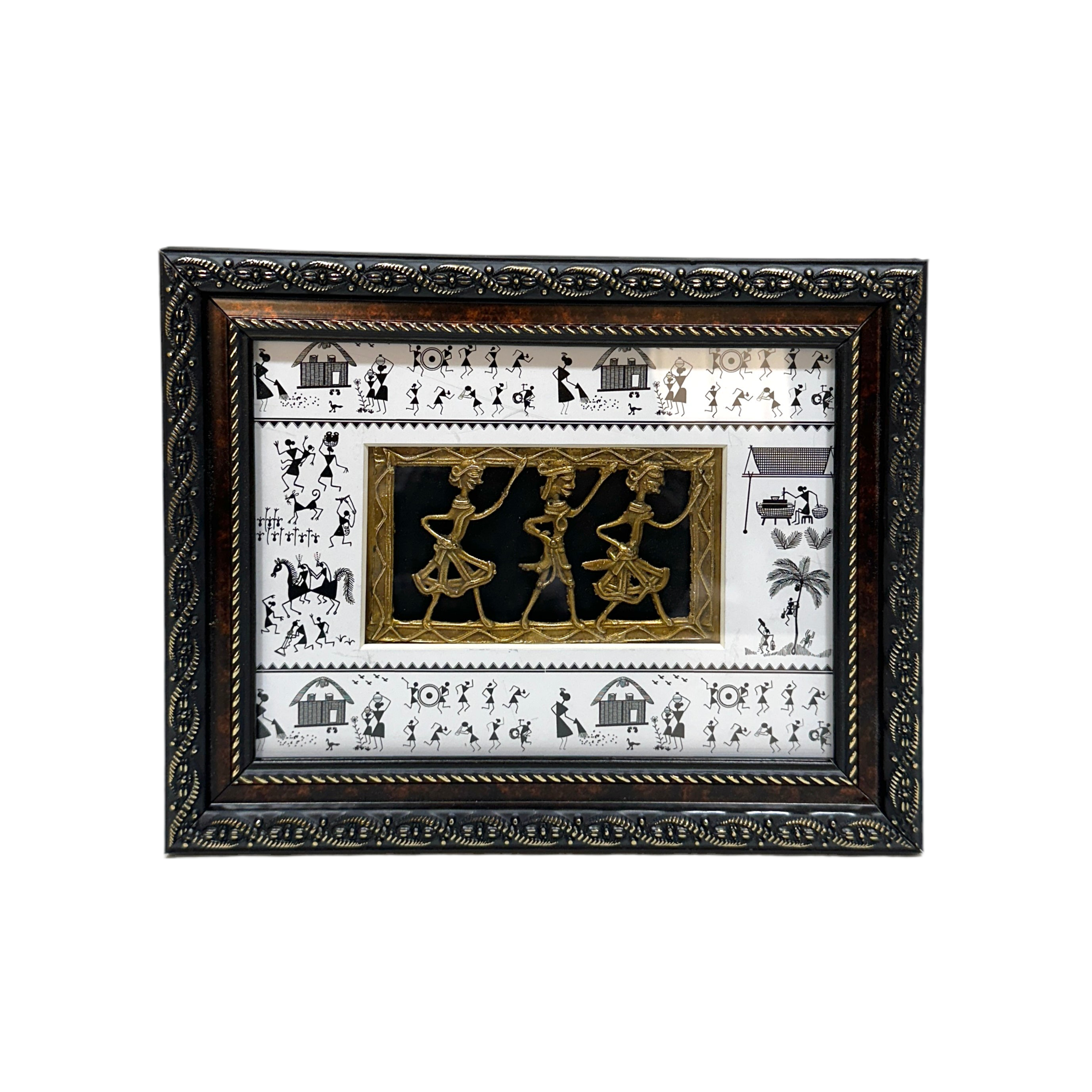 Dhokra Figures Enclosed In Warli Art Frame Hanging Excellent Choice By Tamrapatra - Tamrapatra