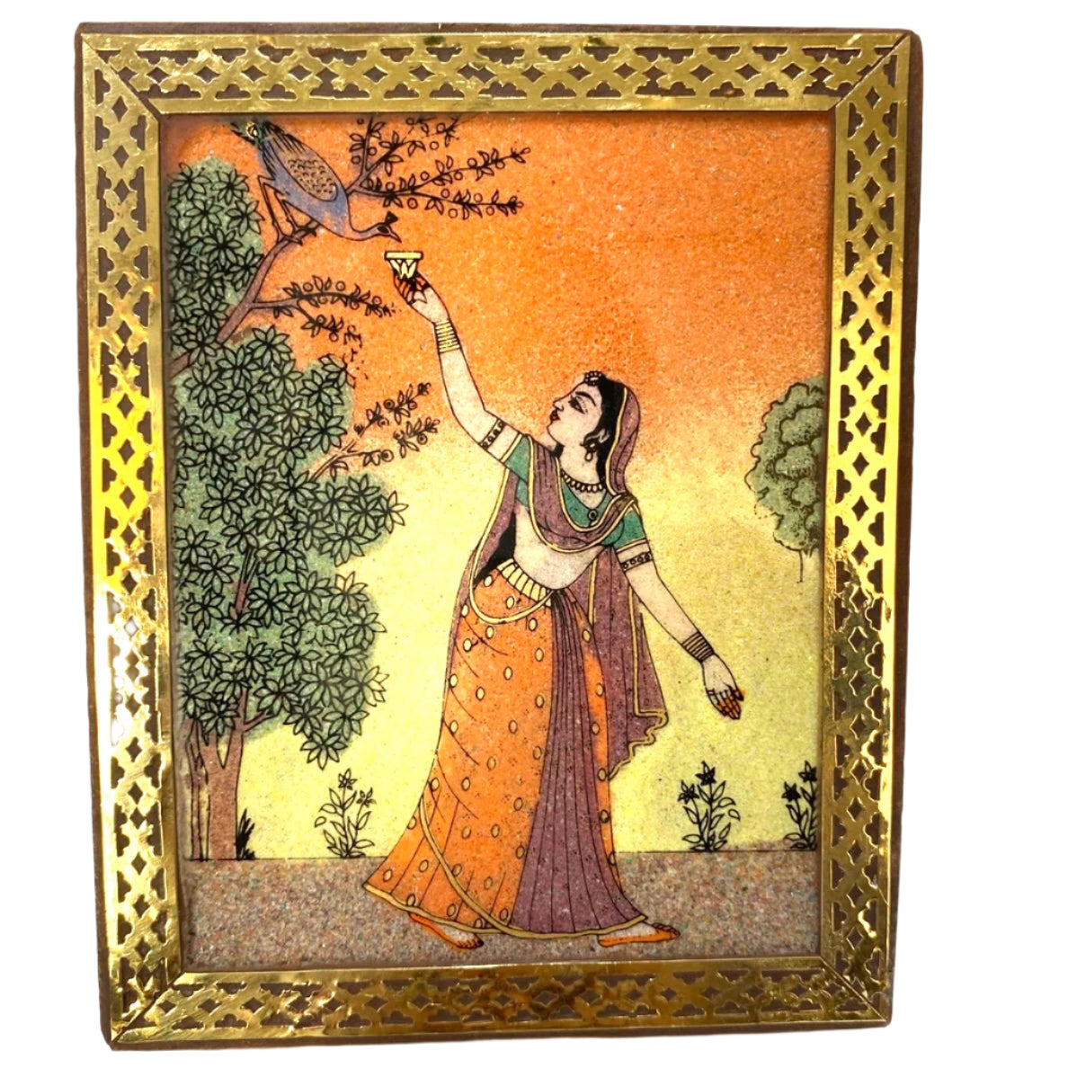 Miniature painting of a woman in traditional attire with a decorative gold frame.