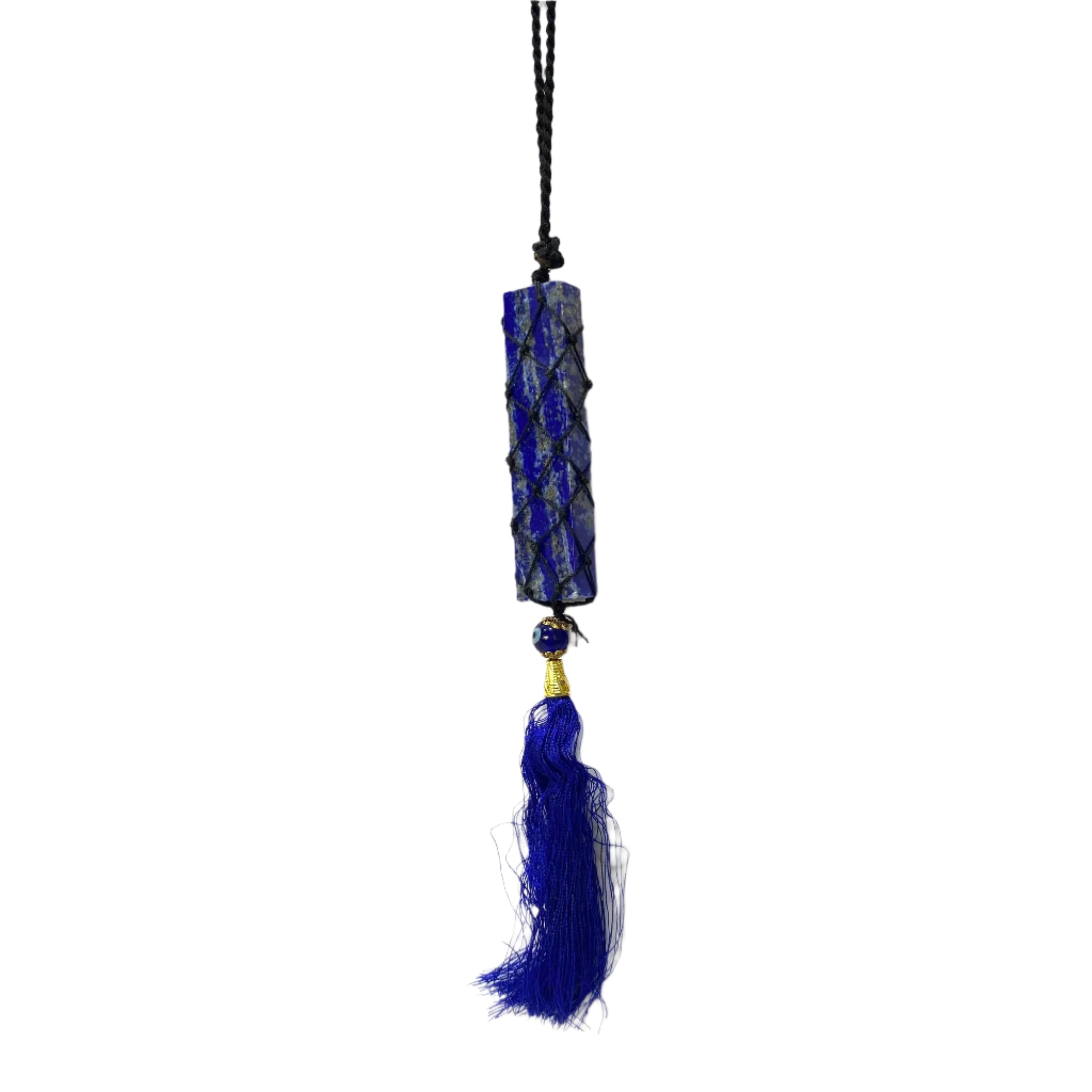 Blue stone pendant with tassel on a white background