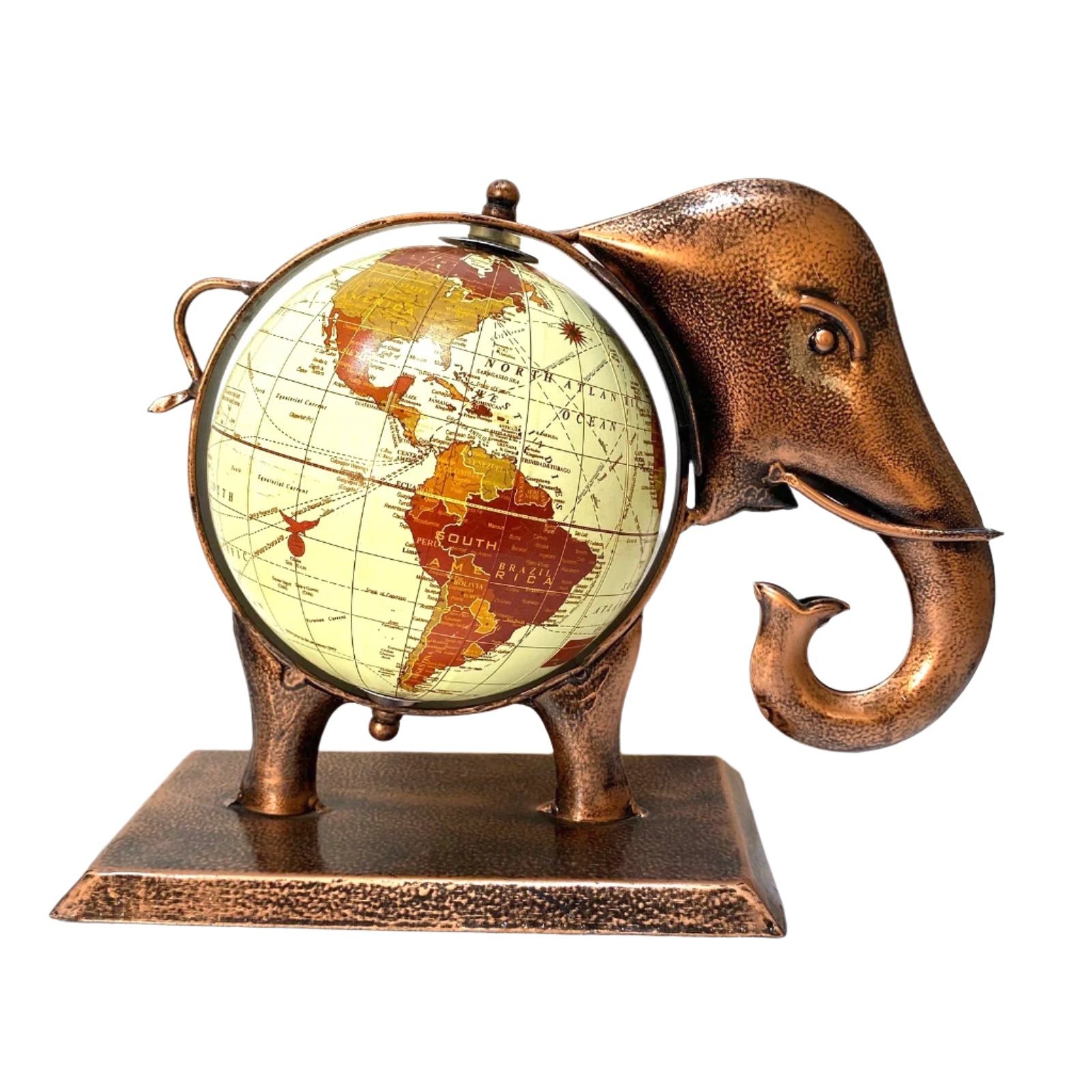 Bronze elephant sculpture with a world map on a white background