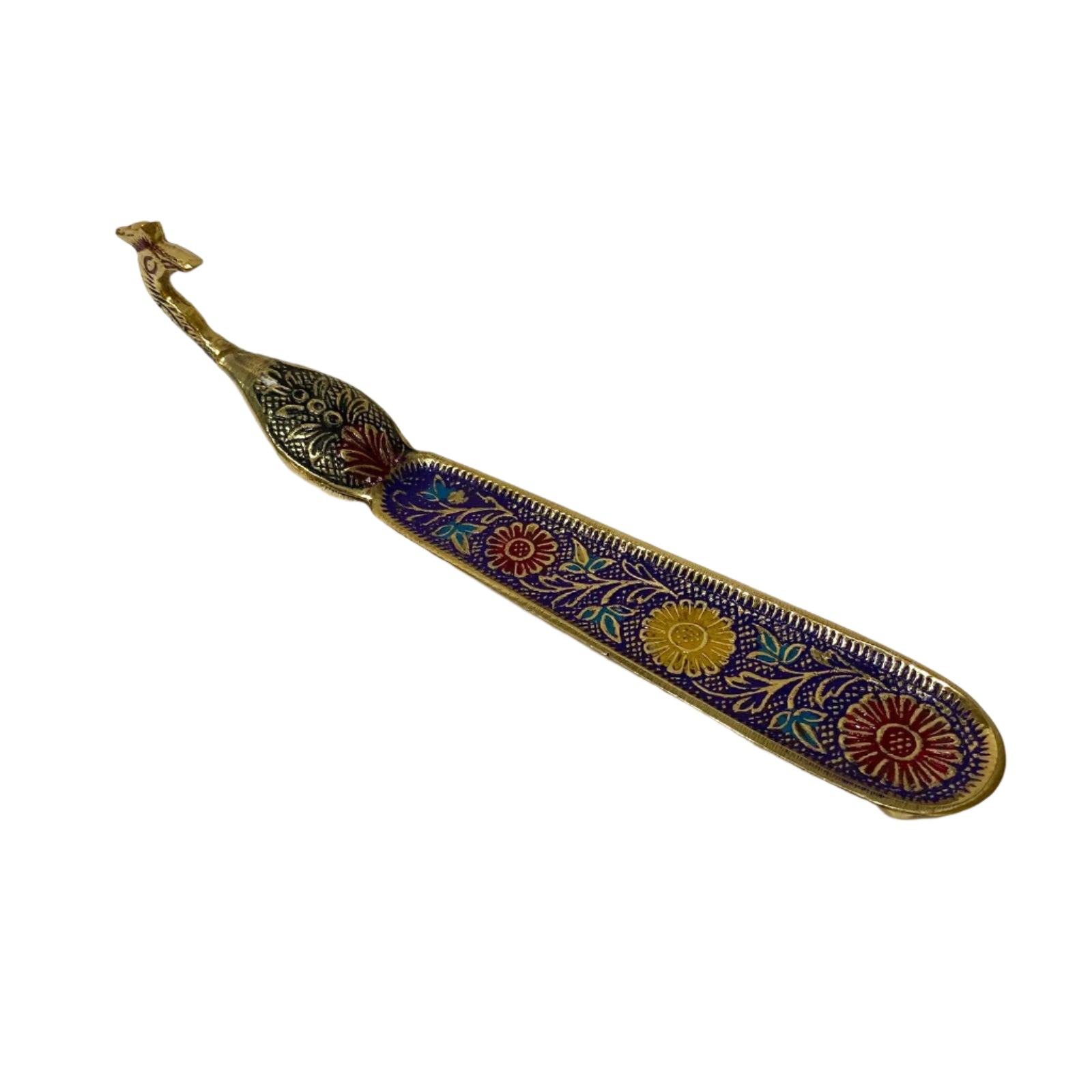 Decorative metal tool with floral patterns on a white background
