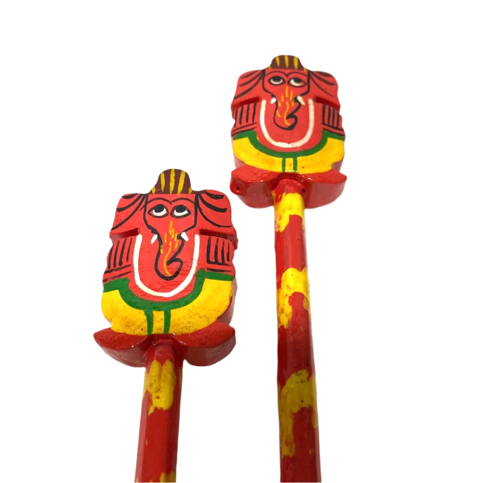 Two wooden spoons with colorful Ganesha designs on a white background