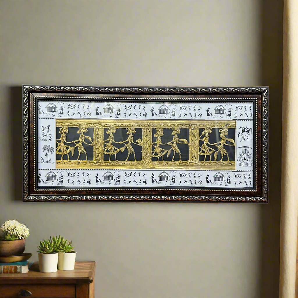 Exclusive HandPainted Warli Painting With Dhokra Figures Attractive Shade Tamrapatra - Tamrapatra