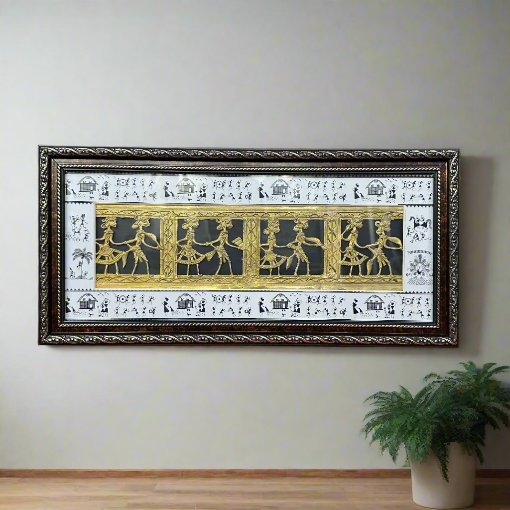 Exclusive HandPainted Warli Painting With Dhokra Figures Attractive Shade Tamrapatra