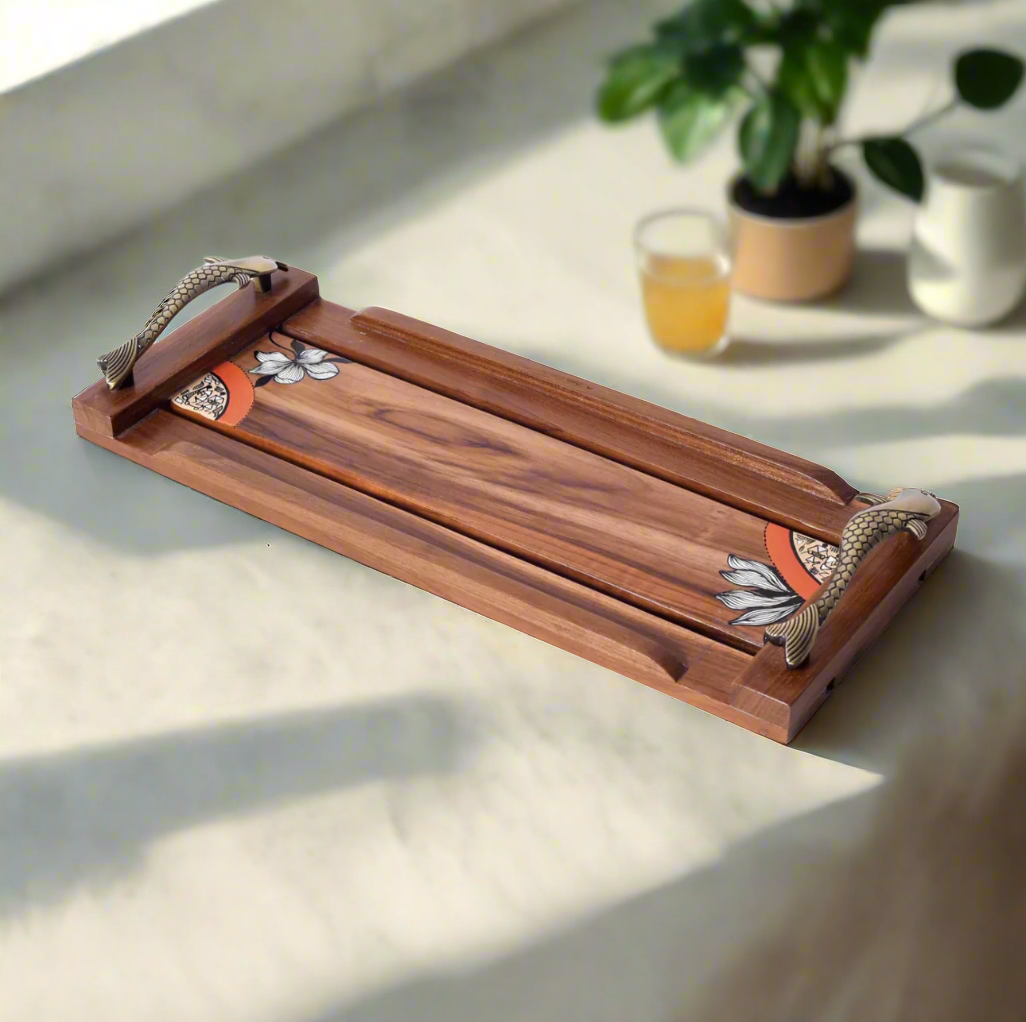 New Excellent Wooden Tray With Handles Painted With Vibrant Colors By Tamrapatra