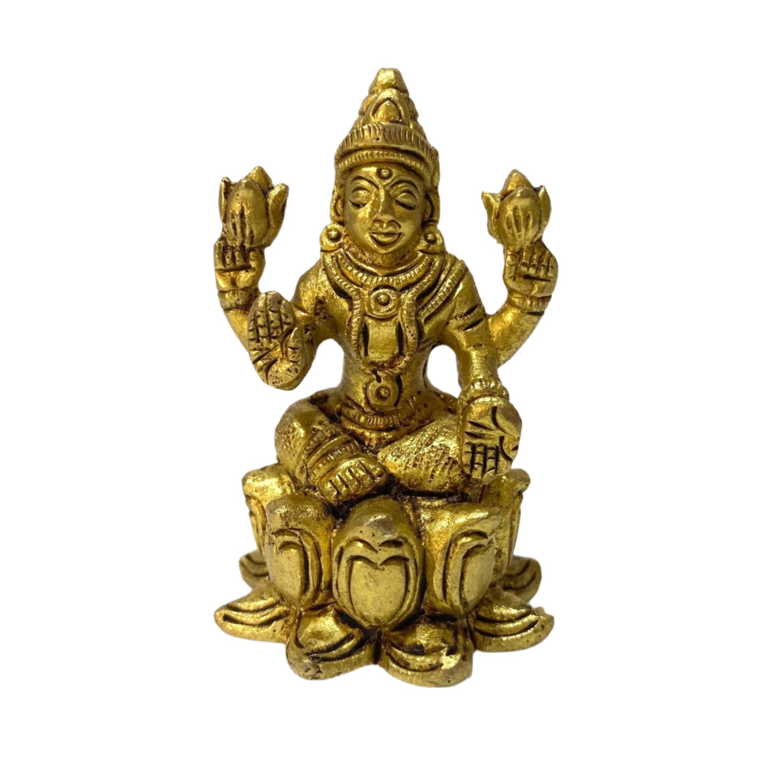 Gold-colored statue of a seated figure on a white background
