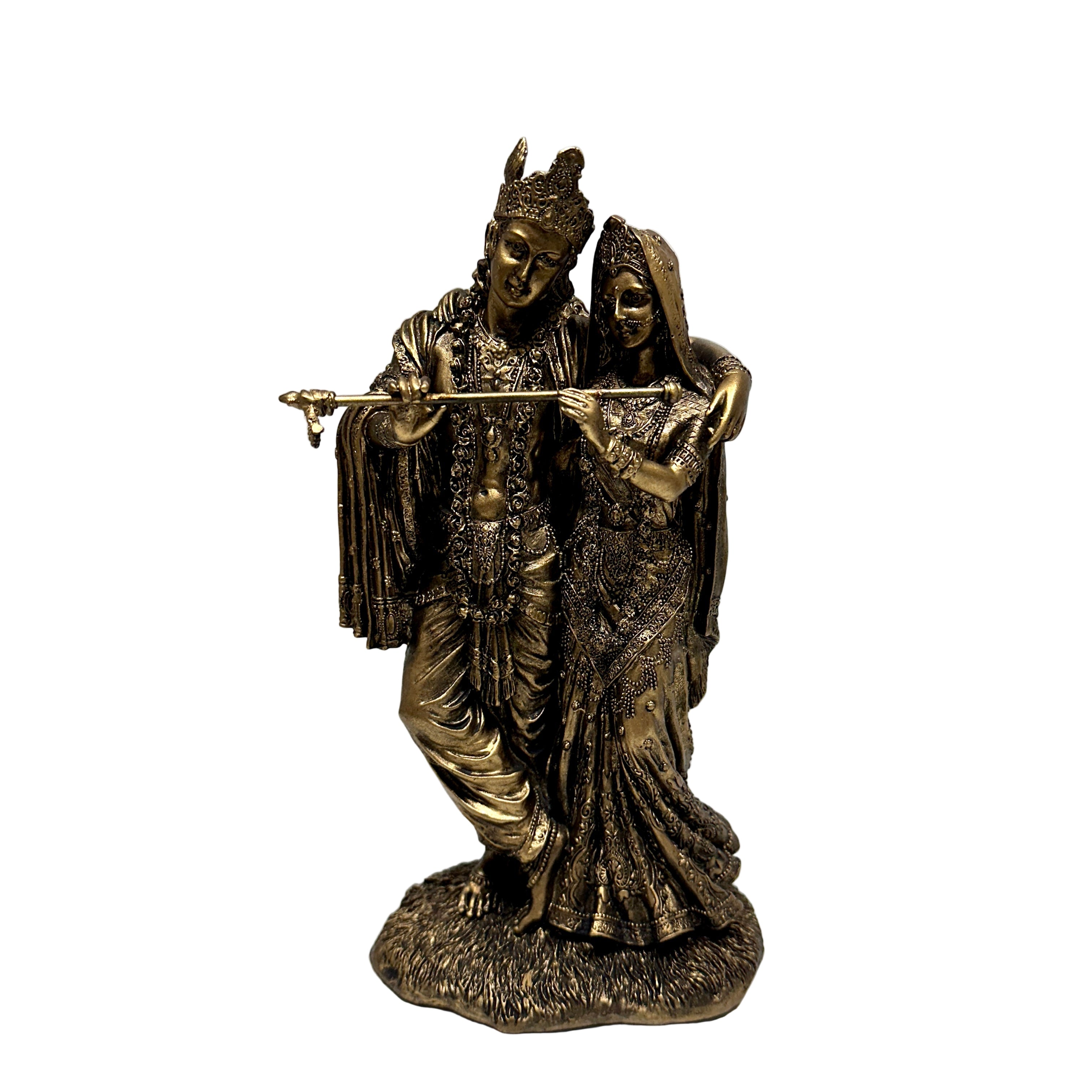 Bronze statue of a couple holding hands on a white background