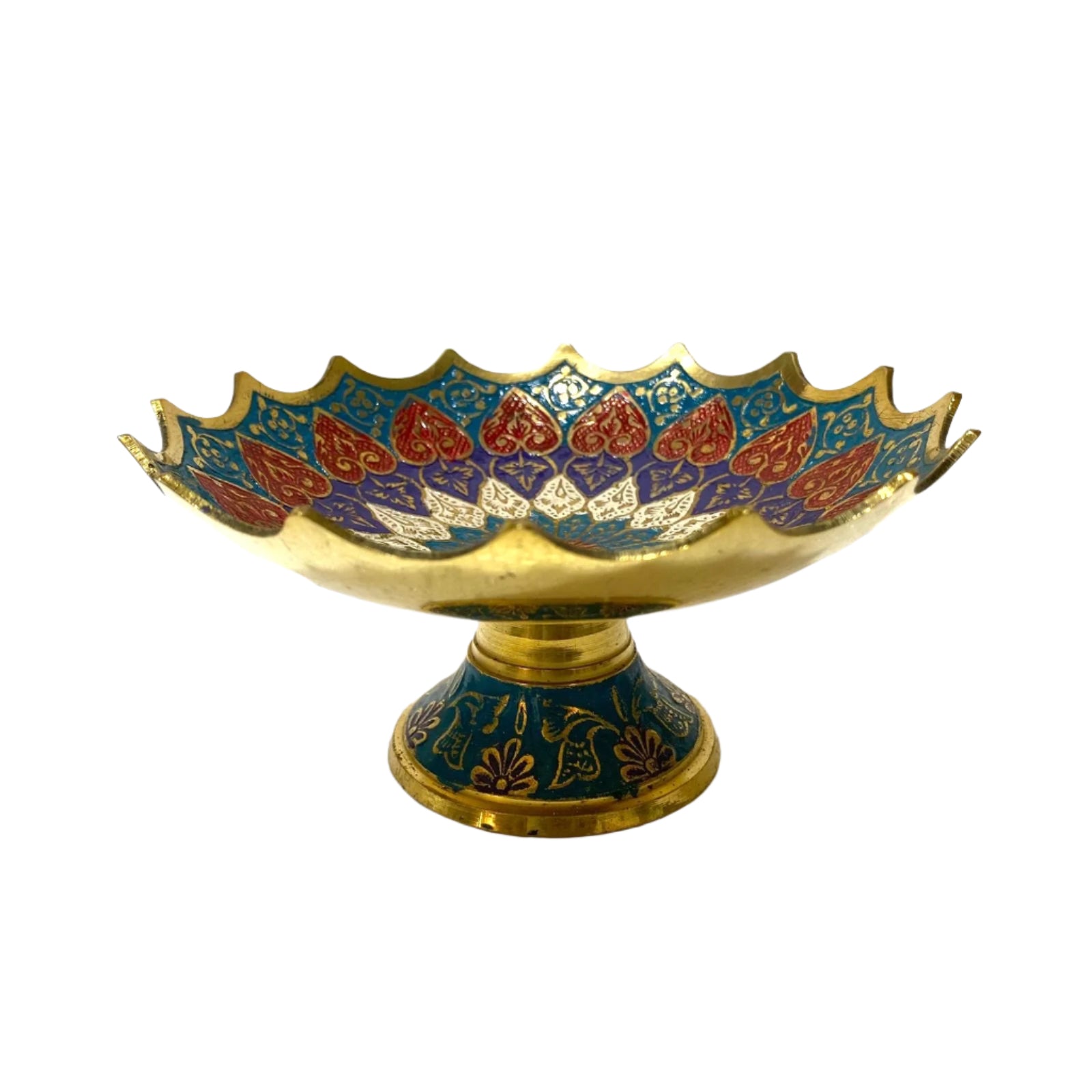 Decorative bowl with blue and gold floral patterns on a white background