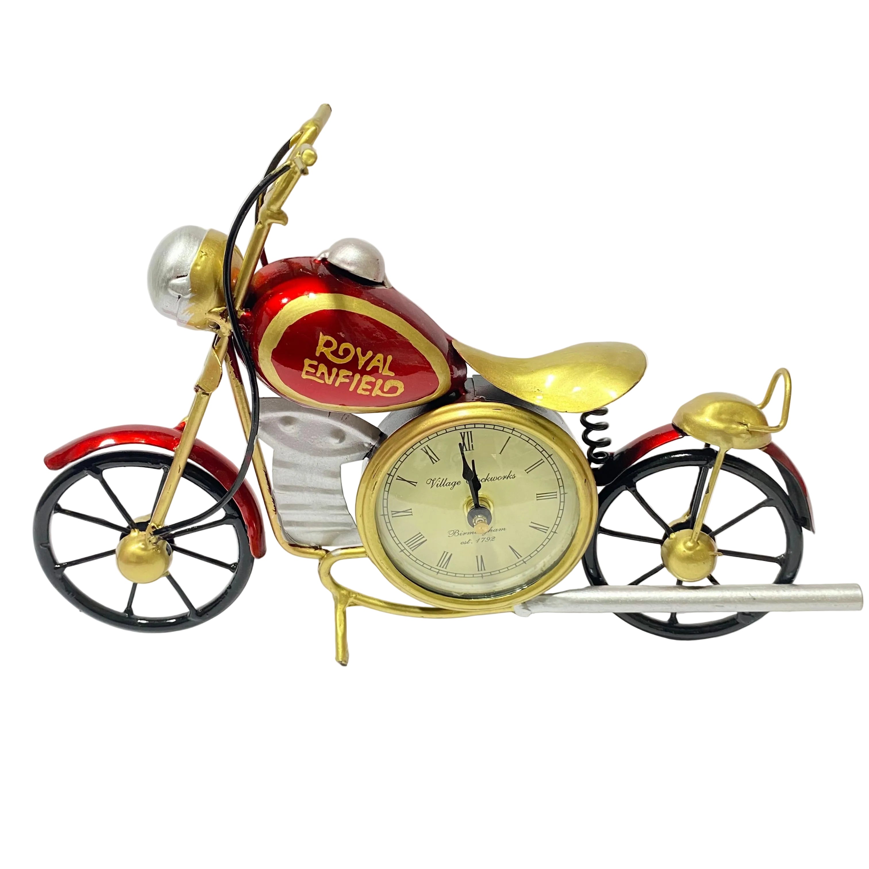 Motorcycle-shaped clock with 'Royal Enfield' branding on a white background