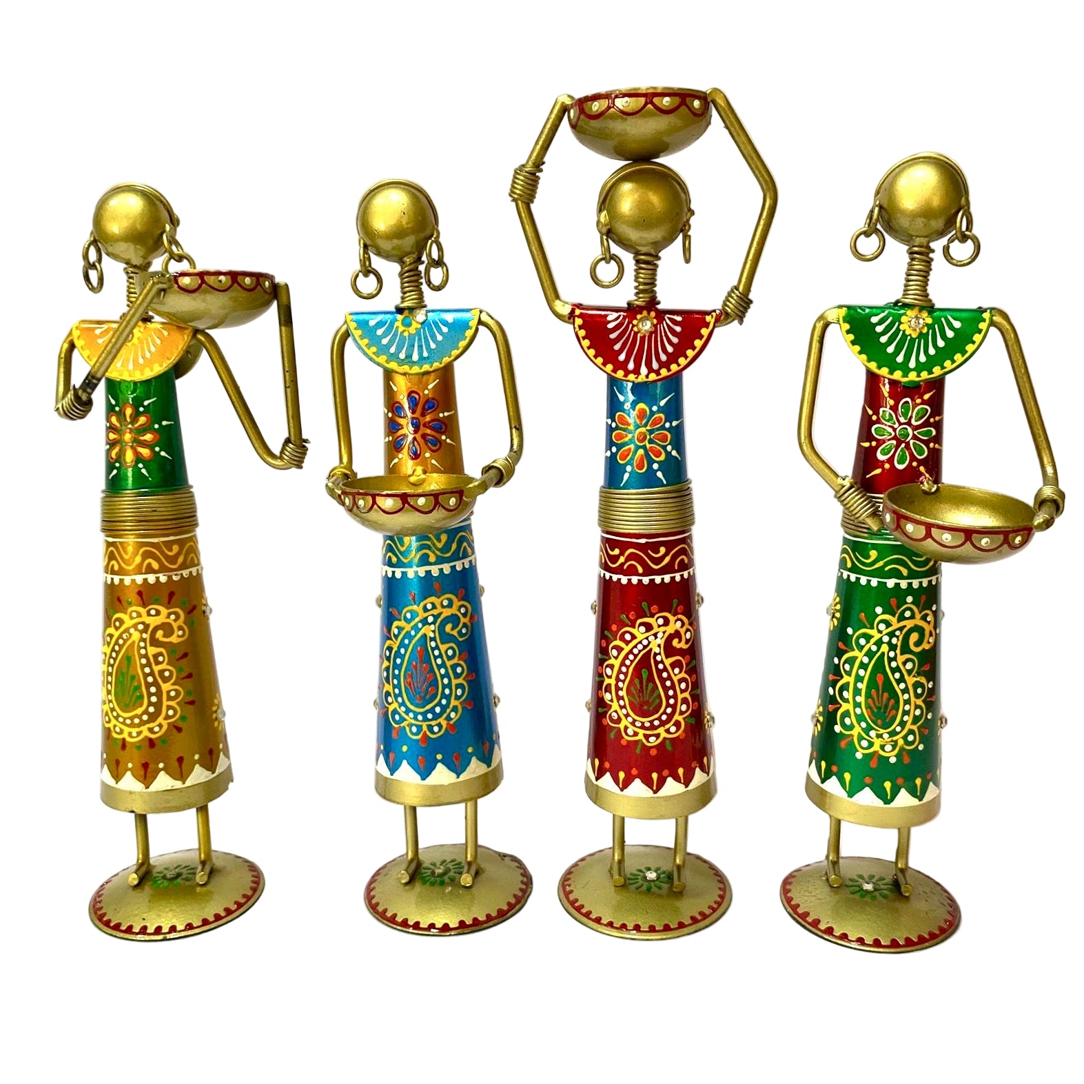 Set of four colorful metal figurines on a white background