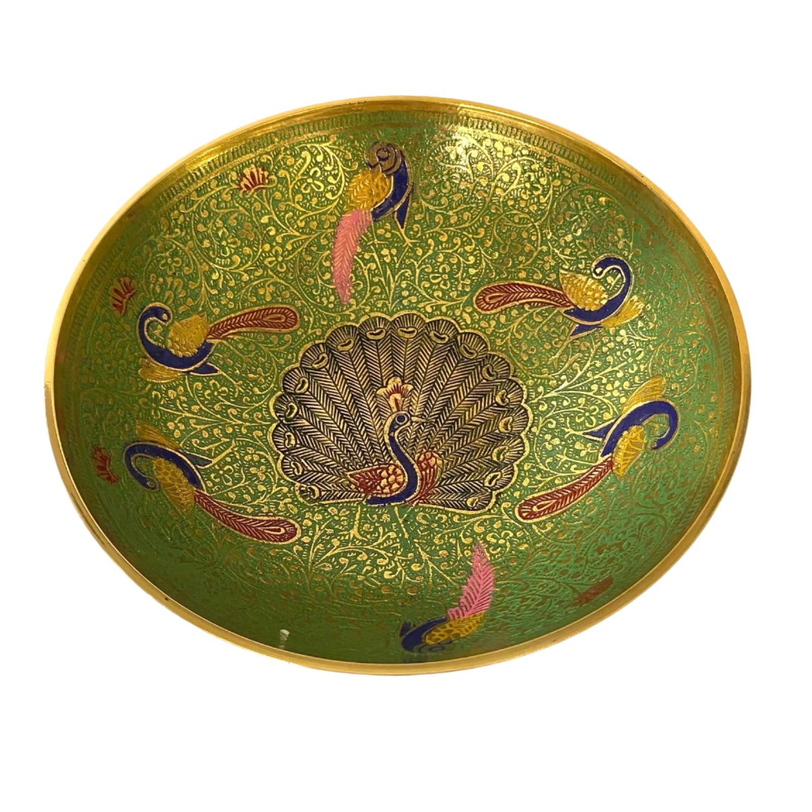 Decorative plate with peacock design on a green background