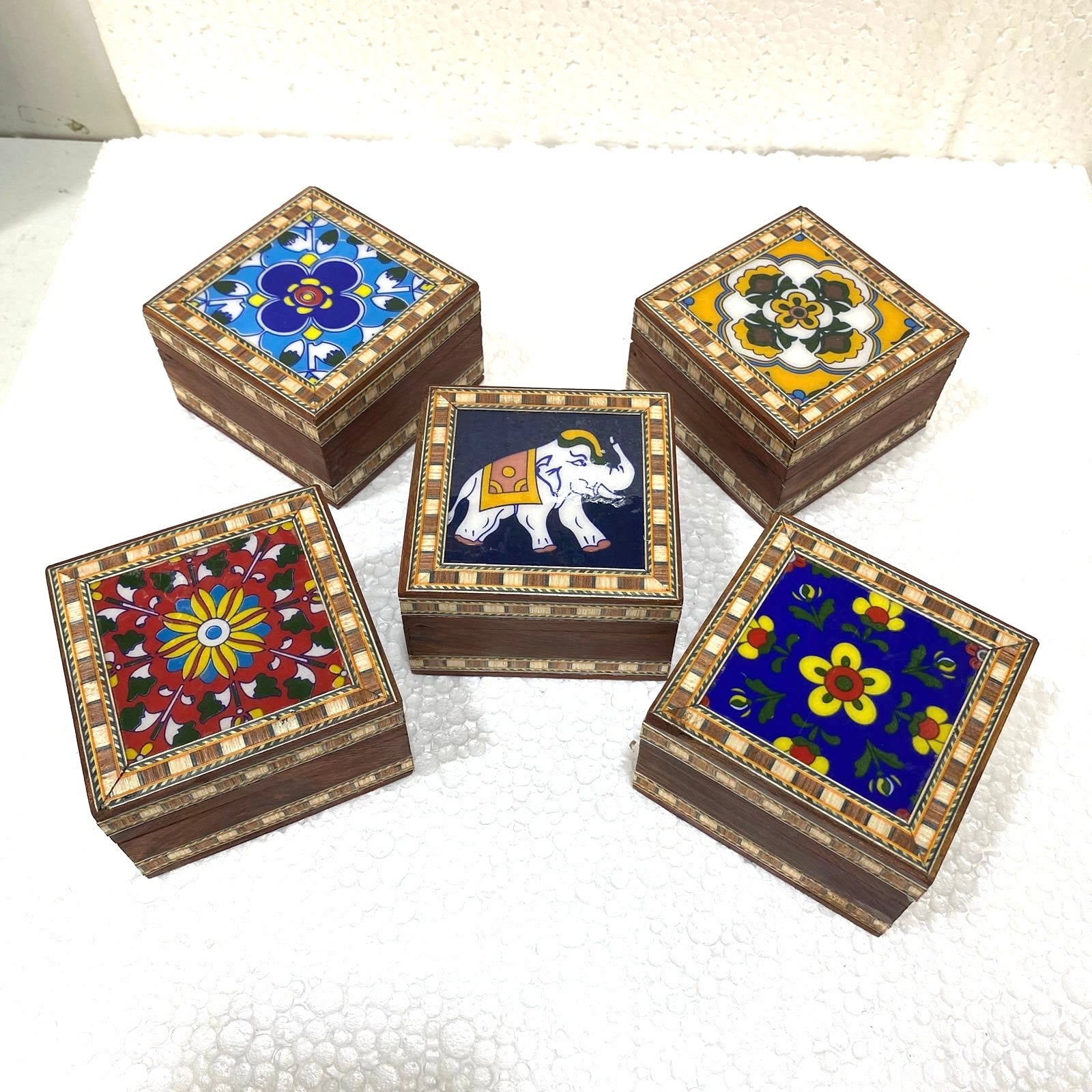 Single Blue Pottery Tile Wooden Box Storage Utility Handcrafted From Tamrapatra