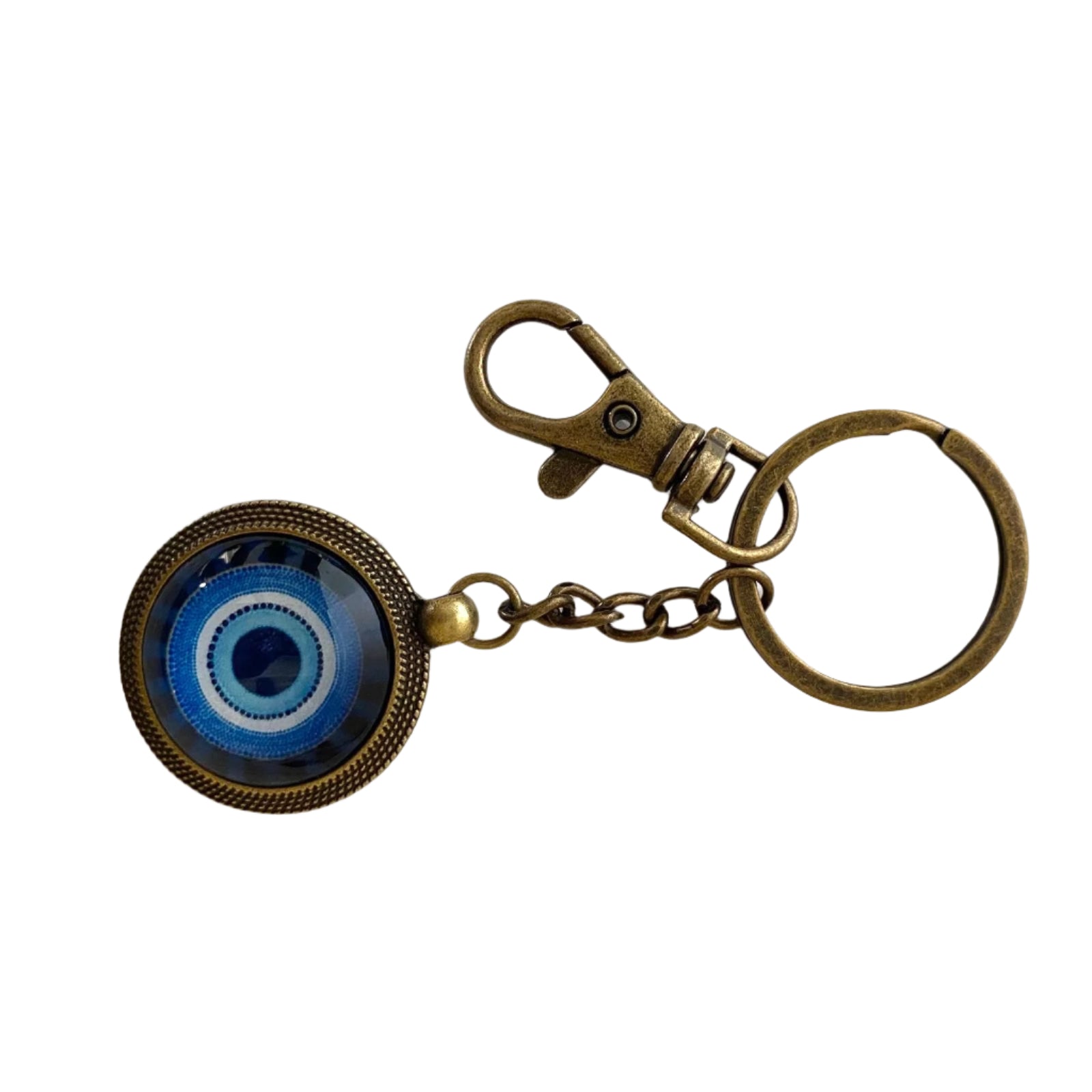 Bronze keychain with a blue circular design on a textured white background