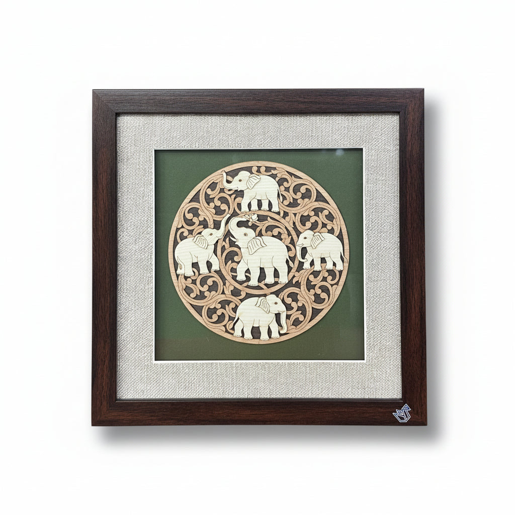 Framed artwork with elephant design on a textured red background