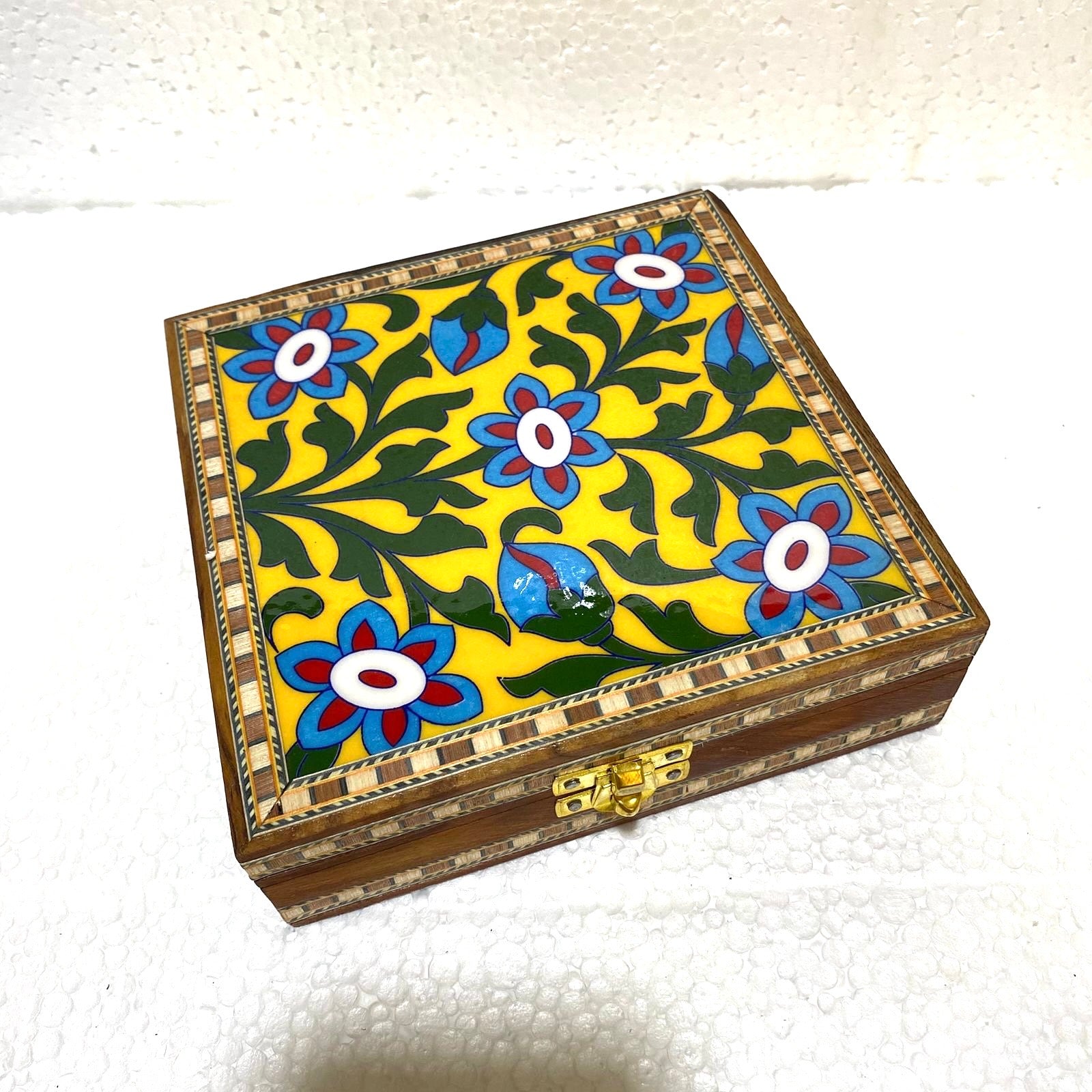 Blue Pottery Tile Wooden Box Storage Utility Jewelry New Arrival Tamrapatra