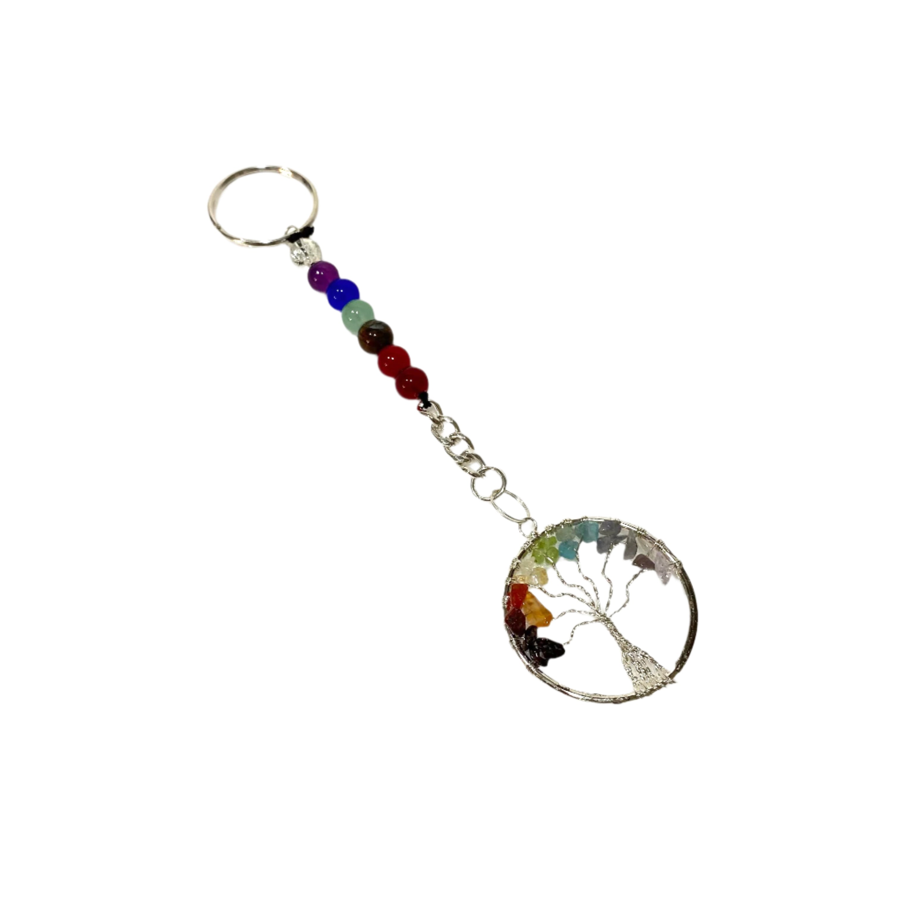 Keychain with tree of life design and colorful beads on a white background