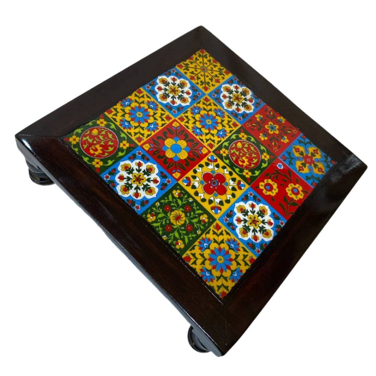 Wooden Stool With Blue Pottery Tiles Exclusive Furniture Collection From Tamrapatra