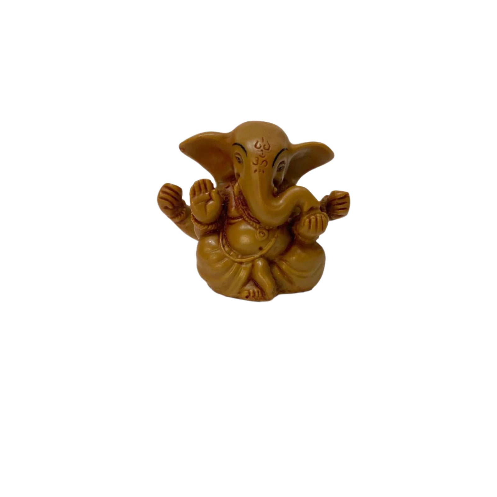 Brown figurine of a seated deity on a white background