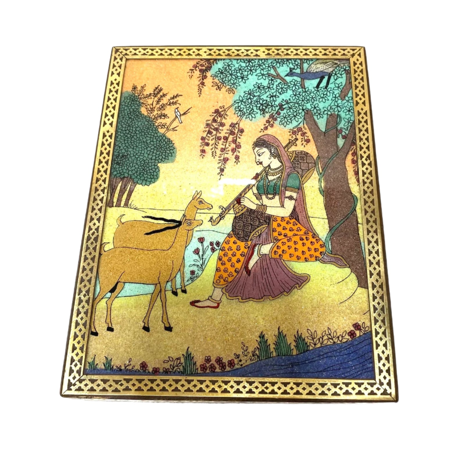Decorative box with a painted design of a woman and deer under a tree