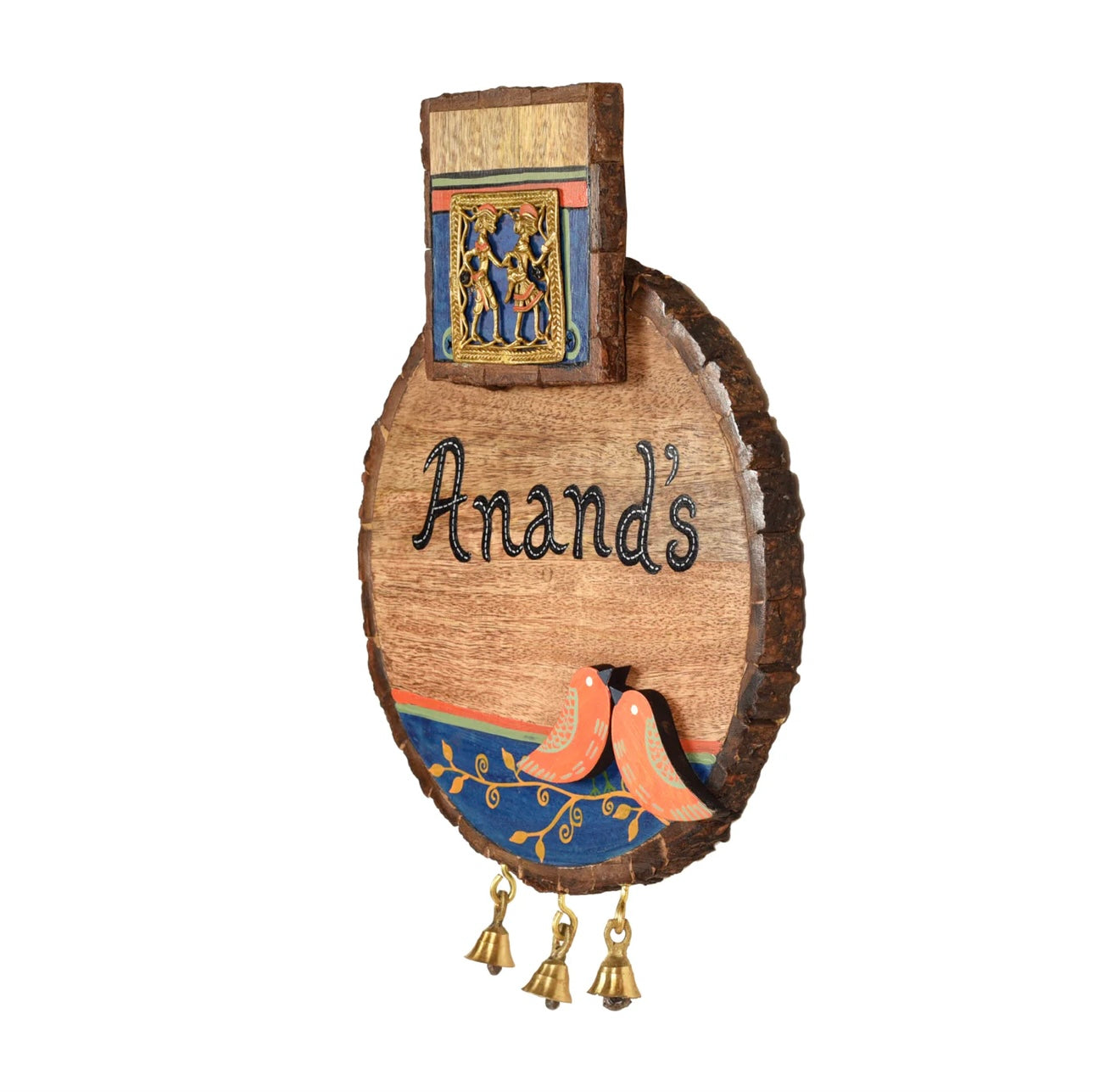 Round Wooden Name Plate Birds Theme With Dhokra Art Handmade By Tamrapatra