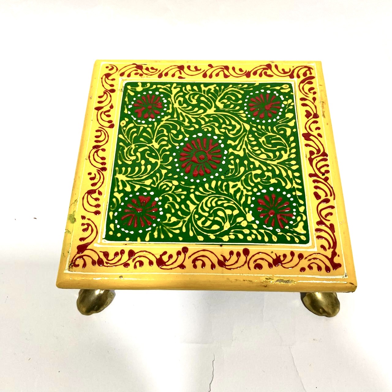 Hand Painted Wooden Bajoth Color With Metal Legs Handcrafted By Tamrapatra