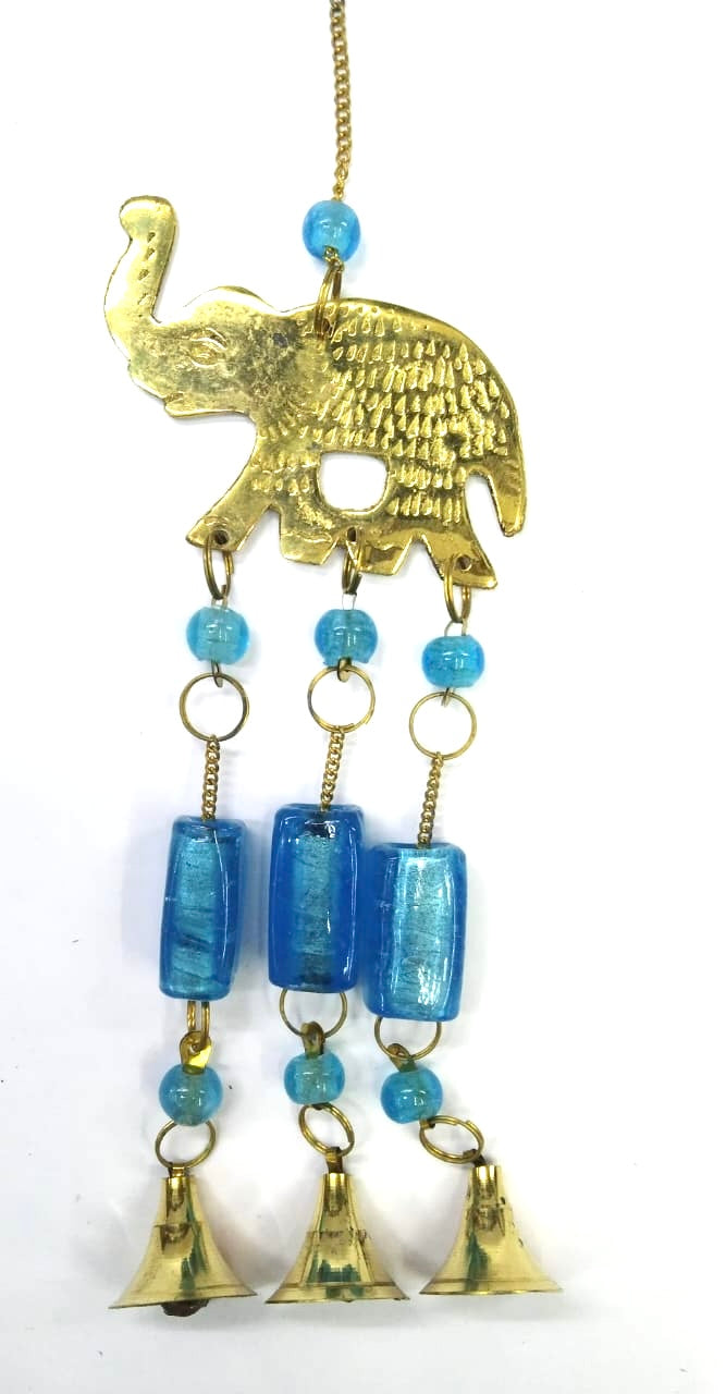 Elephant Hanging Brass With Colorful Stone & Bells Chime Handicraft Tamrapatra