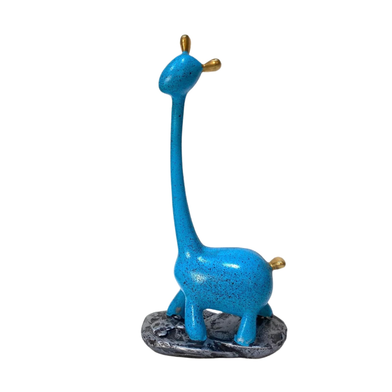 Blue giraffe figurine on a white surface with a light gray background