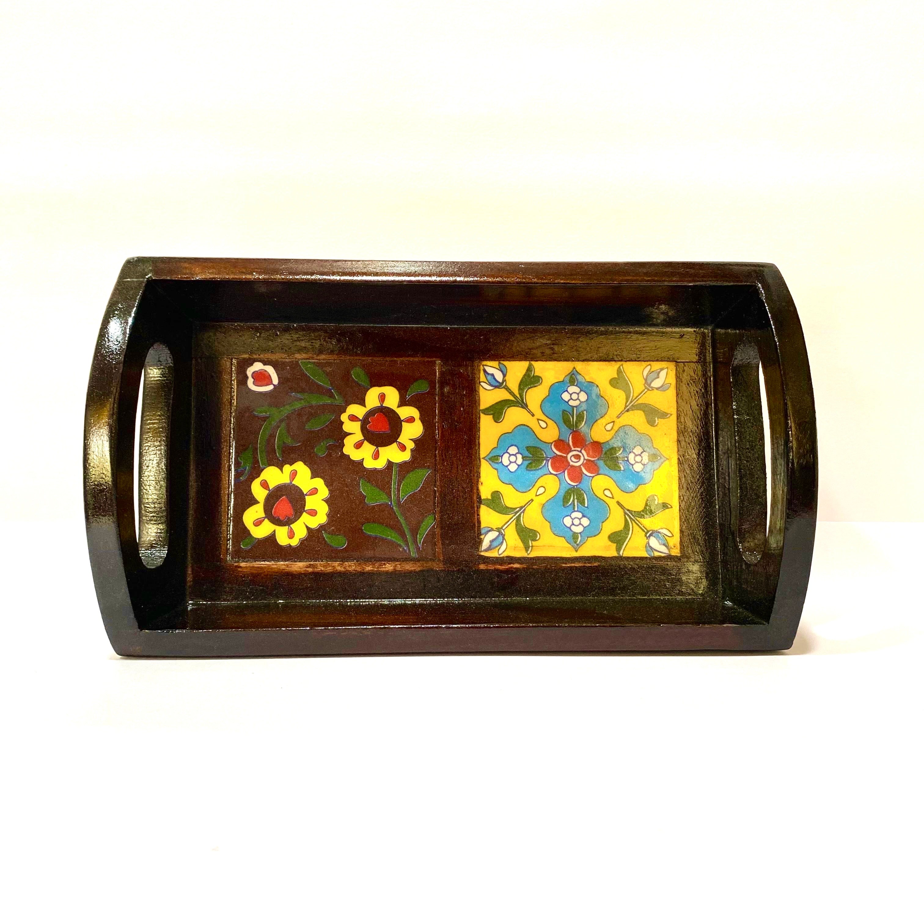 Flower Designed With Blue Pottery Tiles Handcrafted Kitchen Utility By Tamrapatra