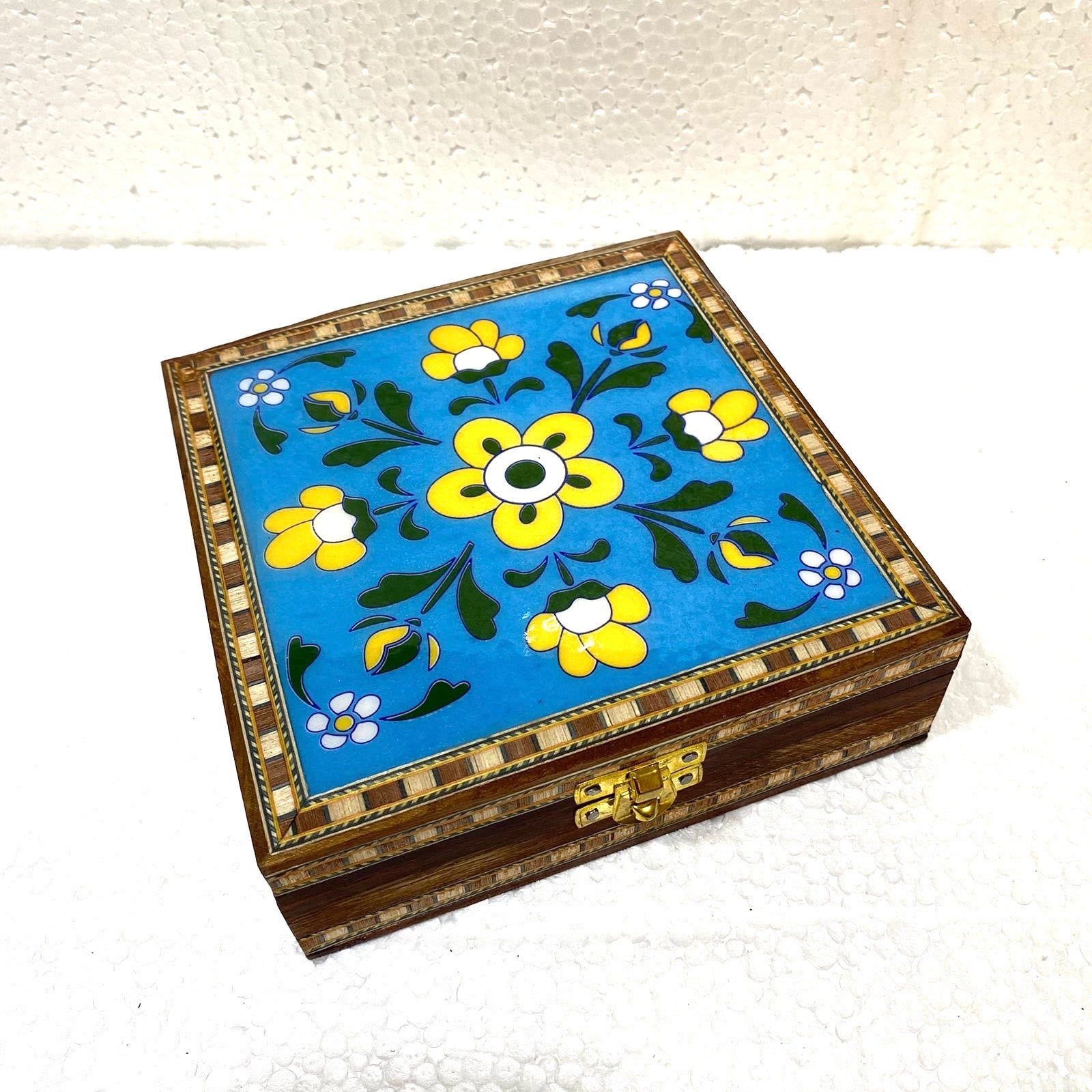 Blue Pottery Tile Wooden Box Storage Utility Jewelry New Arrival Tamrapatra