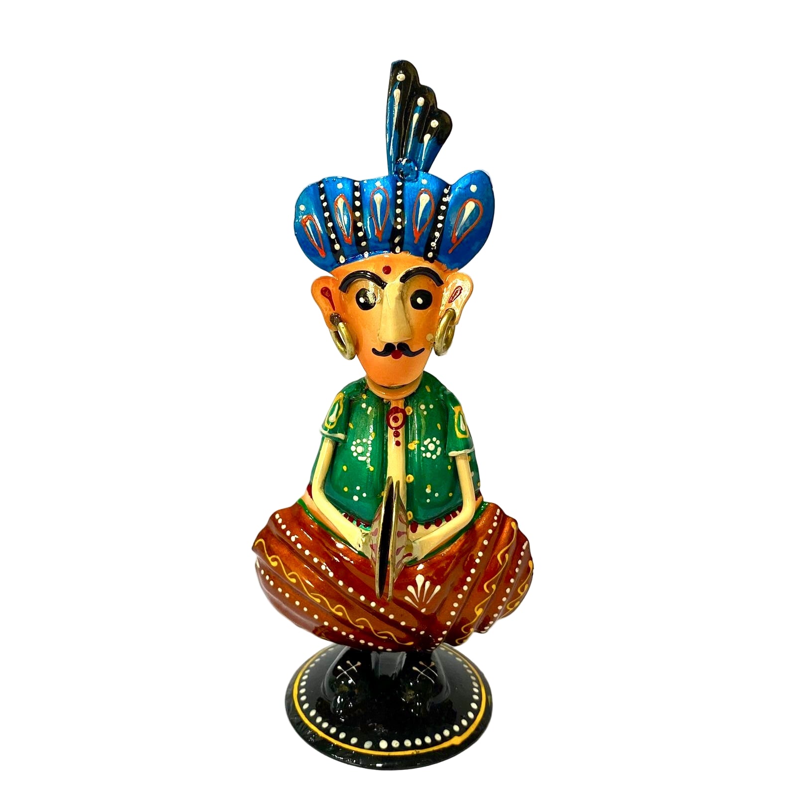 Colorful figurine of a traditional character with a blue headdress on a white background