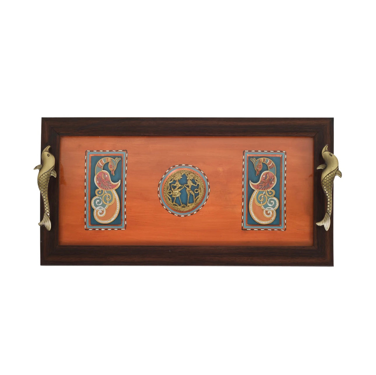 Handcrafted Orange Reddish Peacock Dhokra Wooden Tray Painted By Tamrapatra