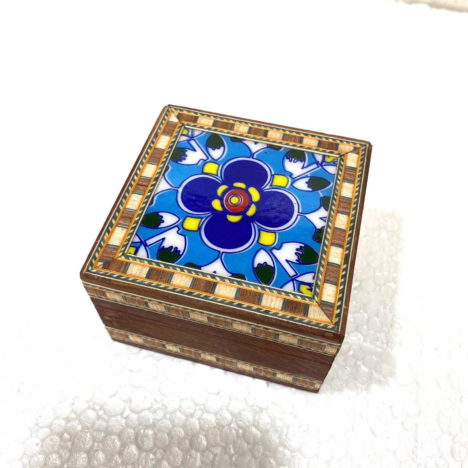 Single Blue Pottery Tile Wooden Box Storage Utility Handcrafted From Tamrapatra
