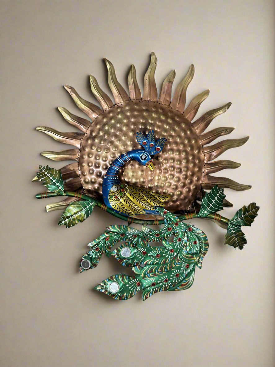 Colorful Beautiful Peacock Sun Metal Collectible Hand Painted From Tamrapatra