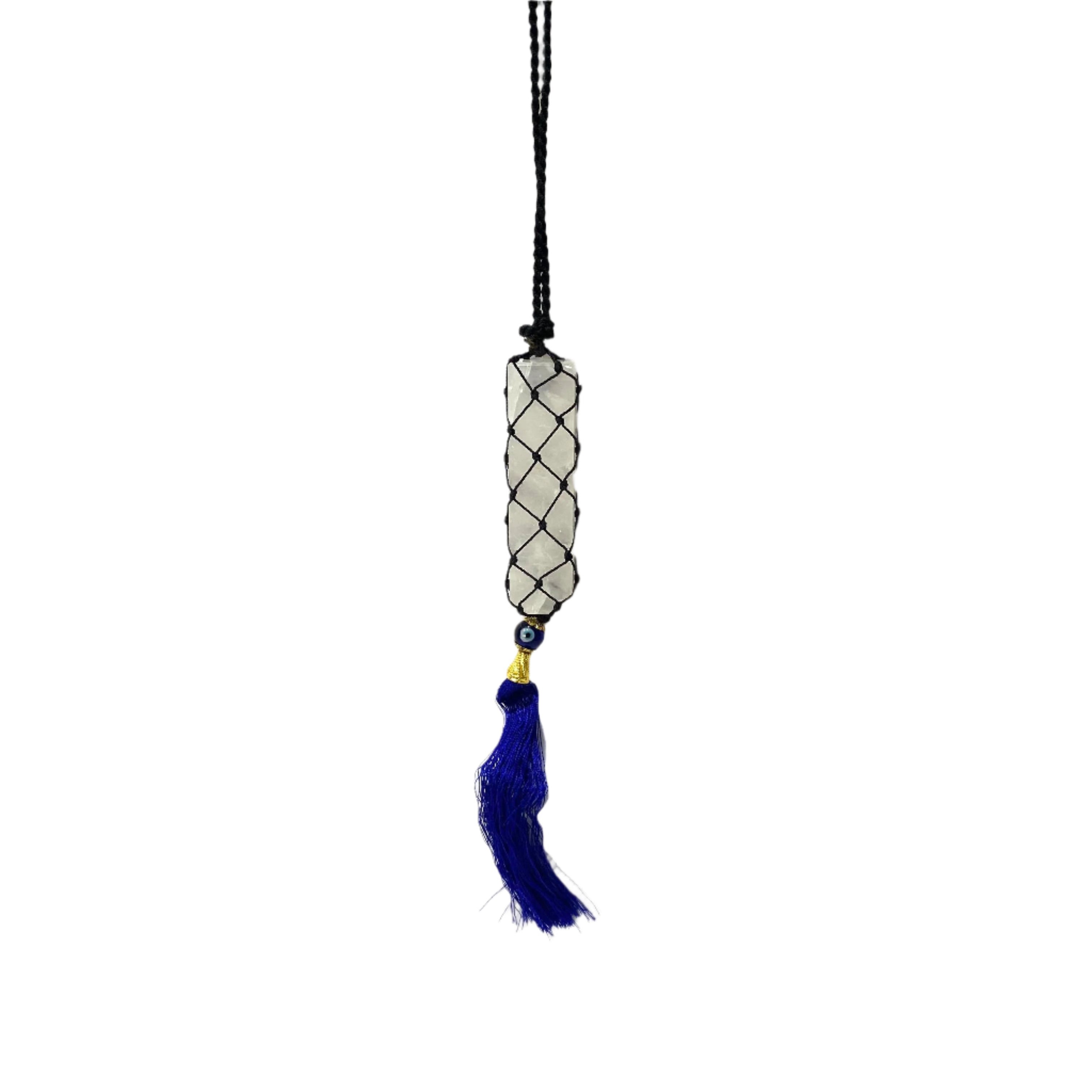 Decorative necklace with a blue tassel on a white background