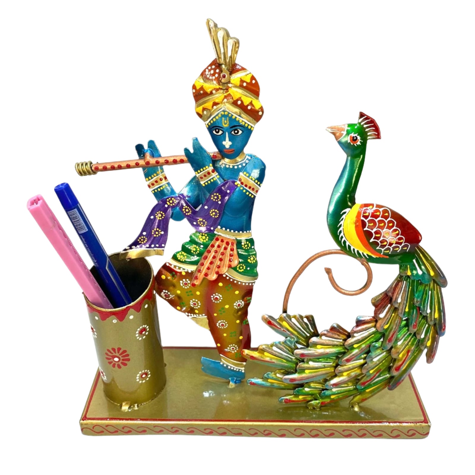 Traditional Krishna Peacock Styled Pen Holder In Golden Shades From Tamrapatra