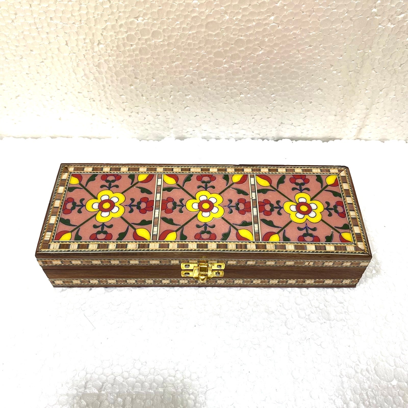 3 Tiles Blue Pottery On Wooden Storage Box With Velvet Interior By Tamrapatra