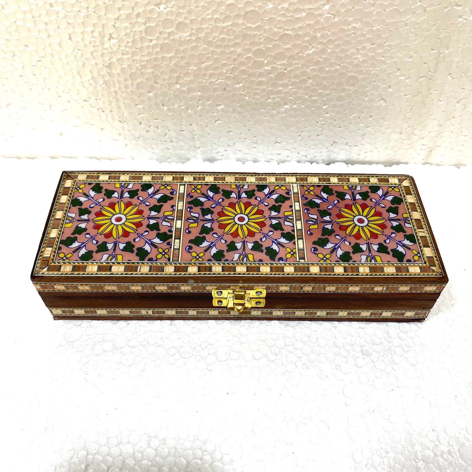 3 Tiles Blue Pottery On Wooden Storage Box With Velvet Interior By Tamrapatra