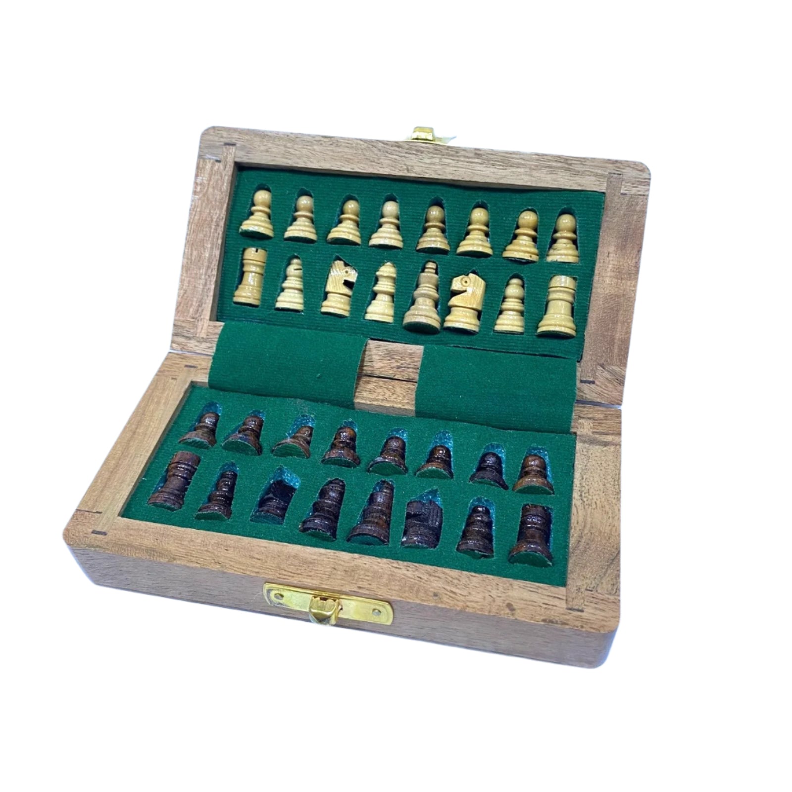 Wooden chess set with pieces in a green box on a light blue background