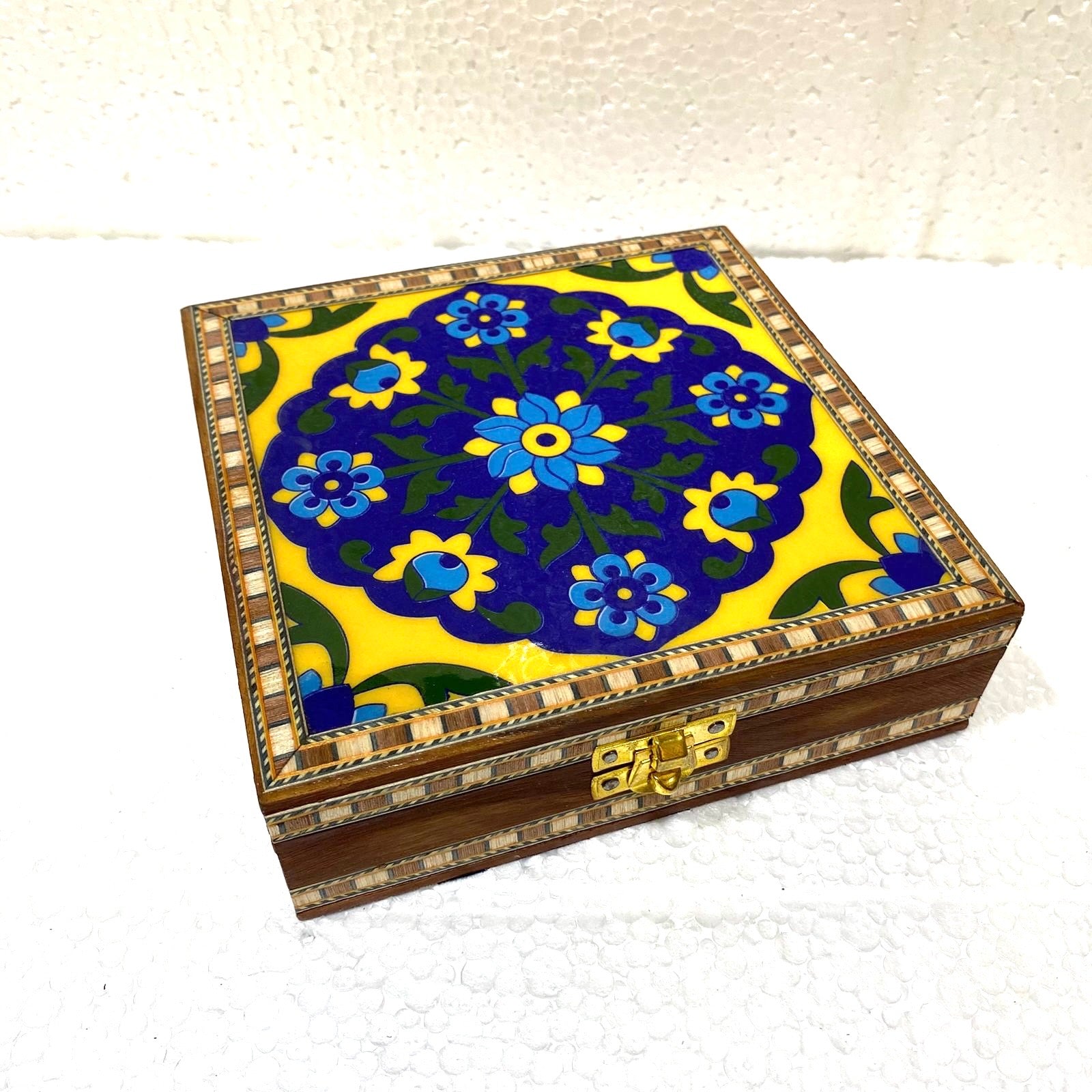 Blue Pottery Tile Wooden Box Storage Utility Jewelry New Arrival Tamrapatra