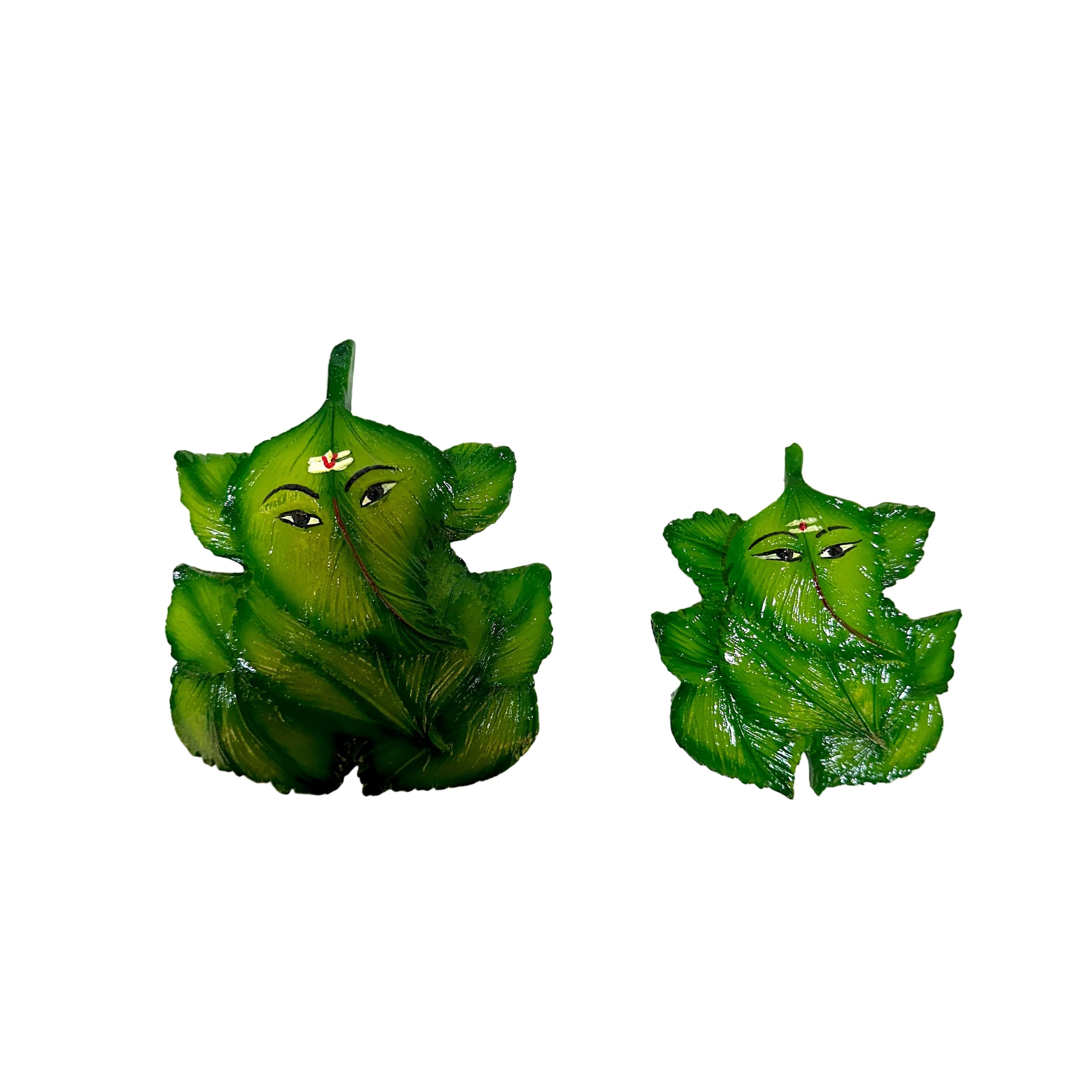 Two green leaf-shaped earrings on a white background