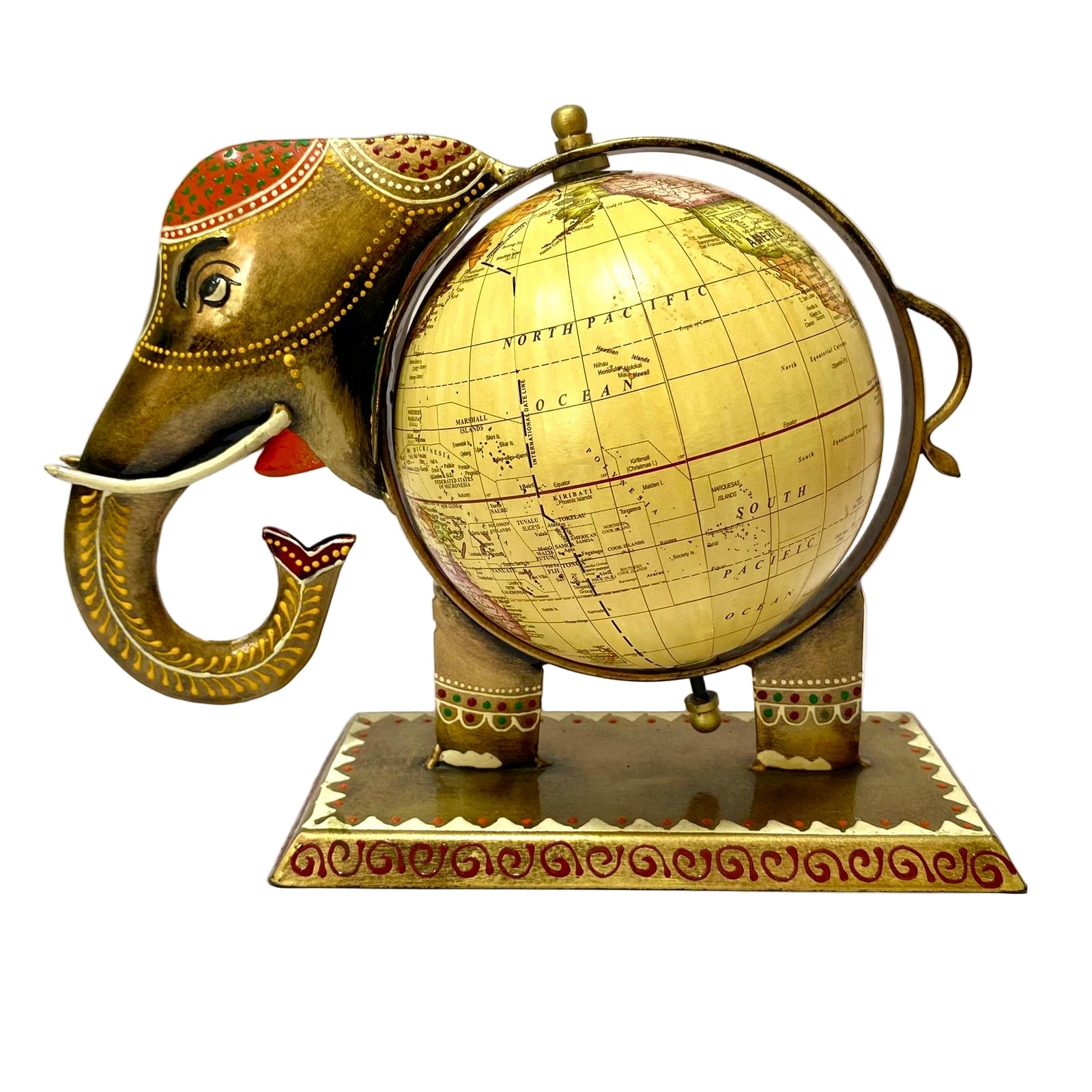 Decorative elephant figurine with a globe on a white background