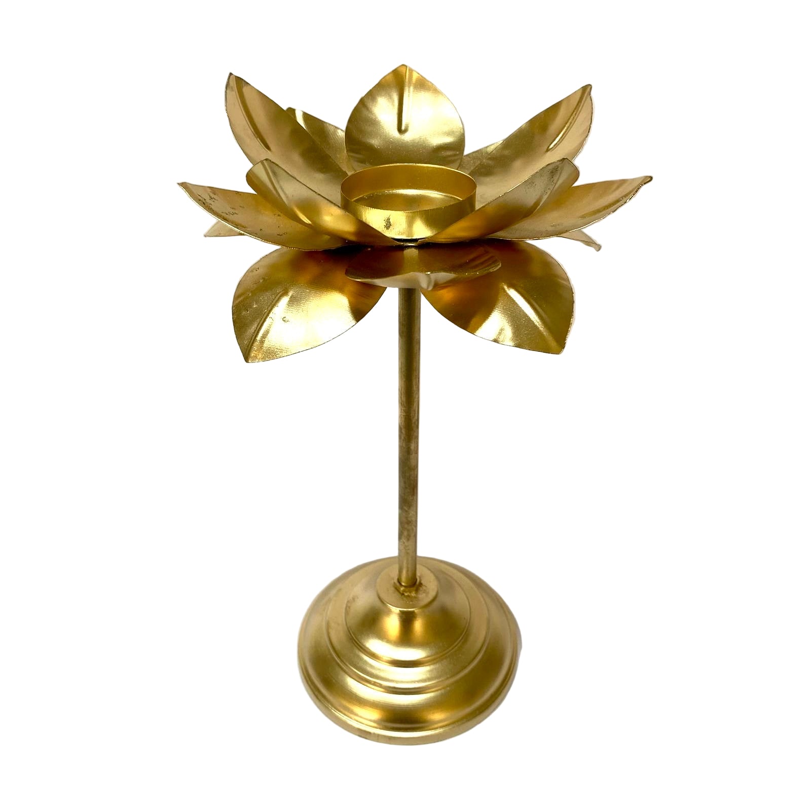 Gold lotus-shaped candle holder on a white background