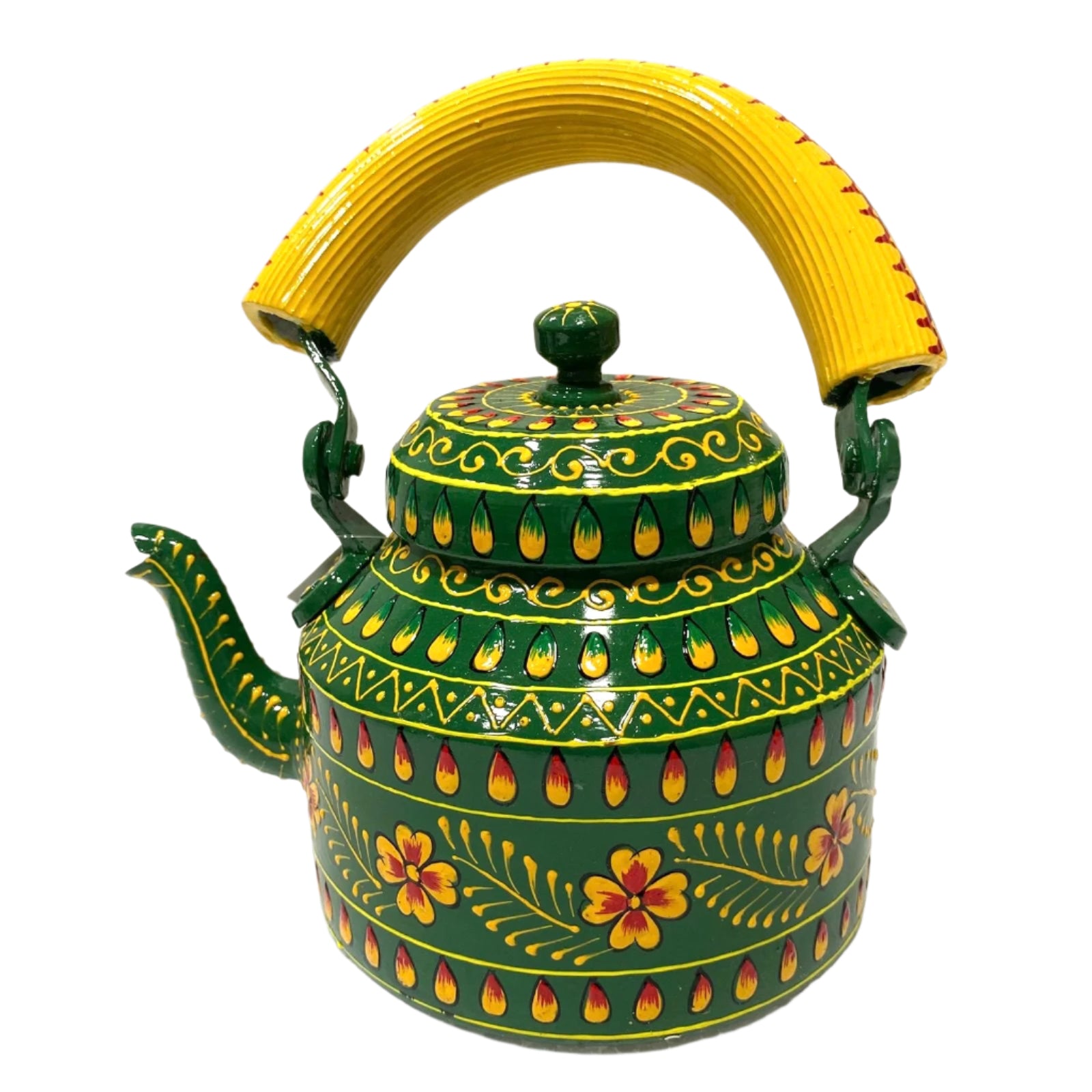 Decorative green teapot with yellow handle and floral patterns on a white background