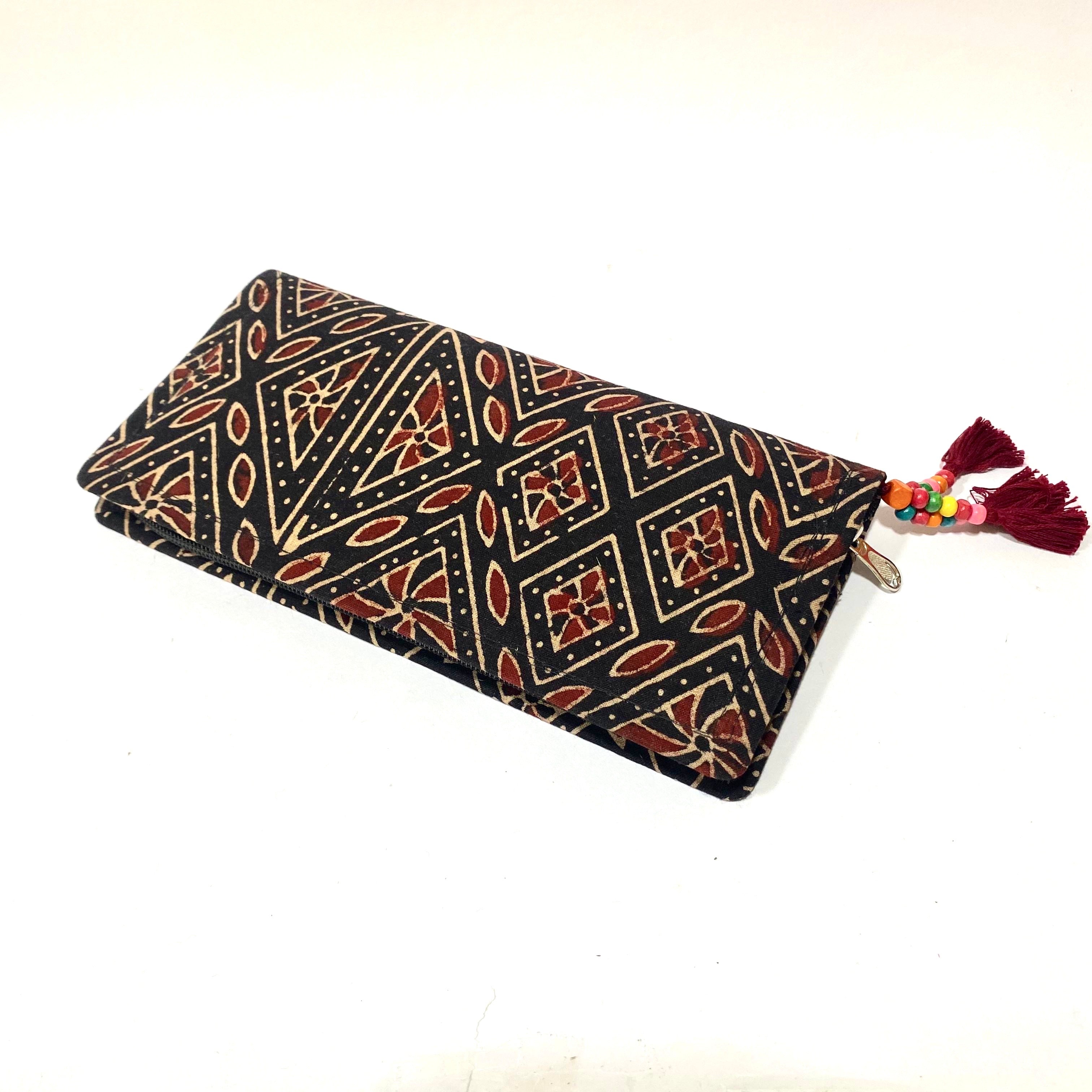 Cotton Embroidery Block Print Purse With Mirrors Styled With Beads By Tamrapatra