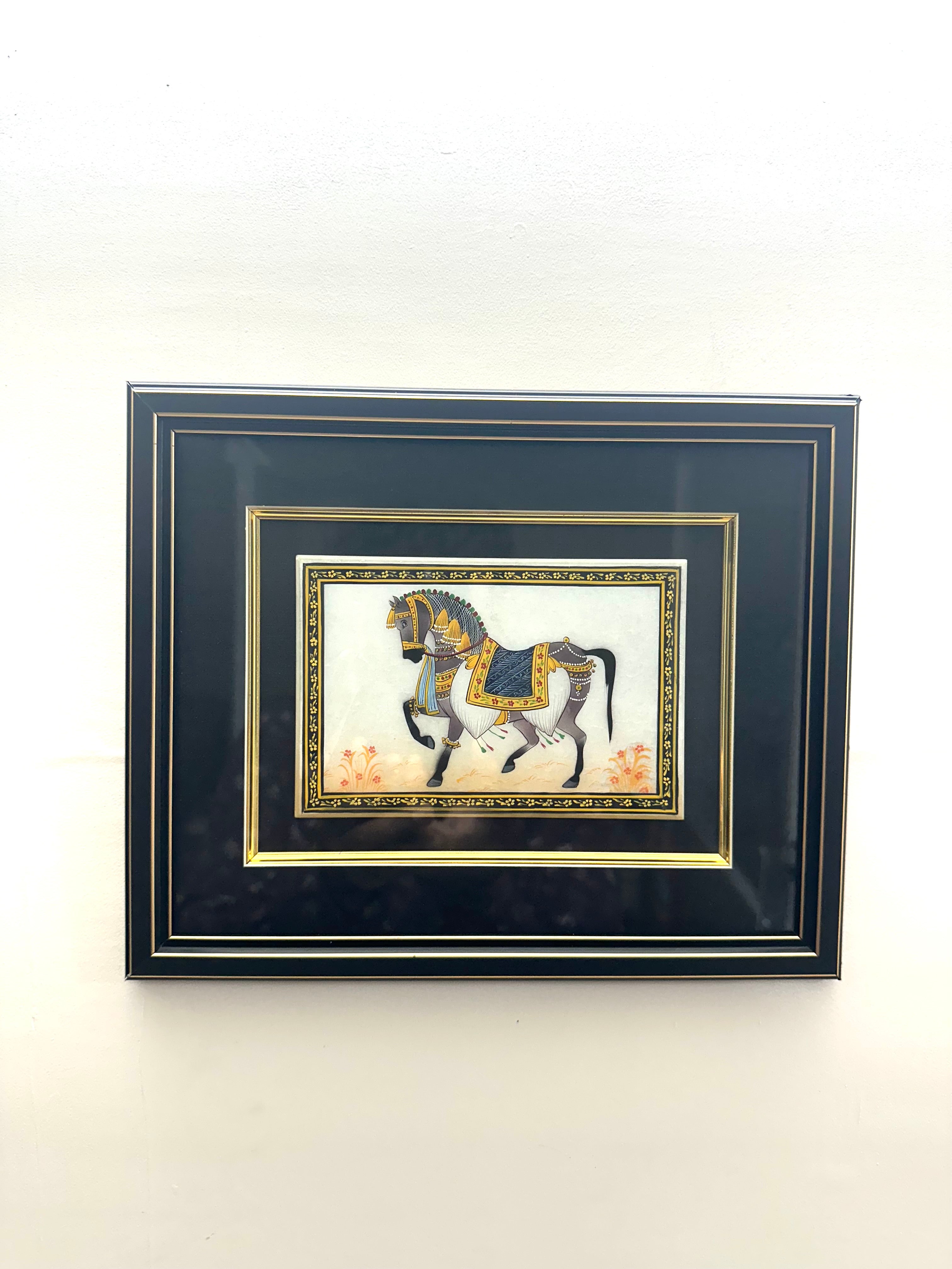 Royal Ornament Style Work On Marble Tile In Wooden Frame Hanging From Tamrapatra