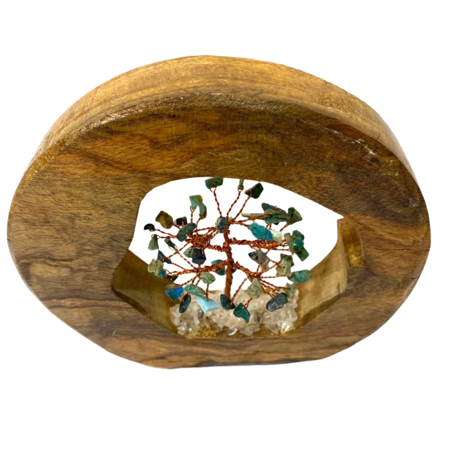 Wooden box with a crystal tree inside on a white background