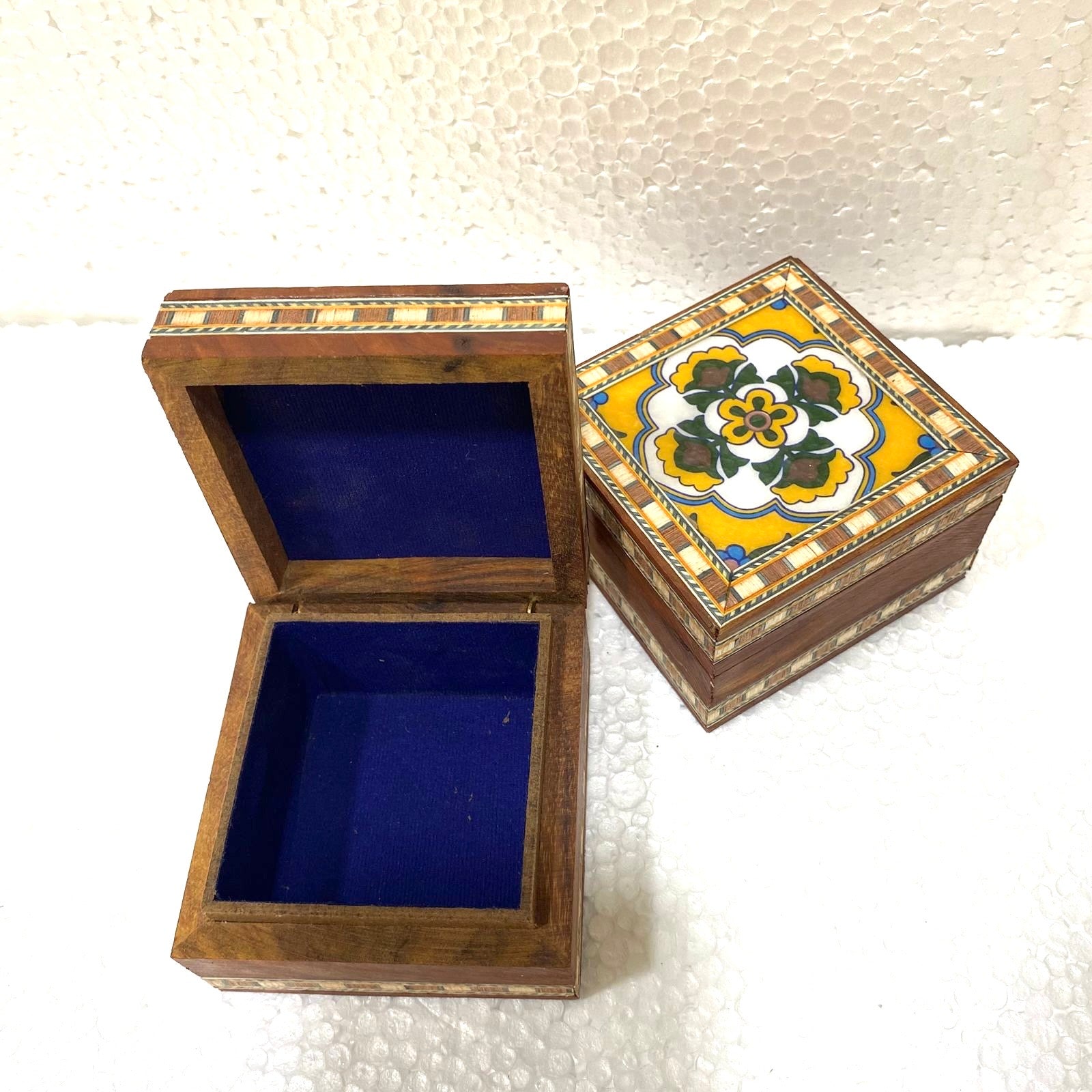 Single Blue Pottery Tile Wooden Box Storage Utility Handcrafted From Tamrapatra