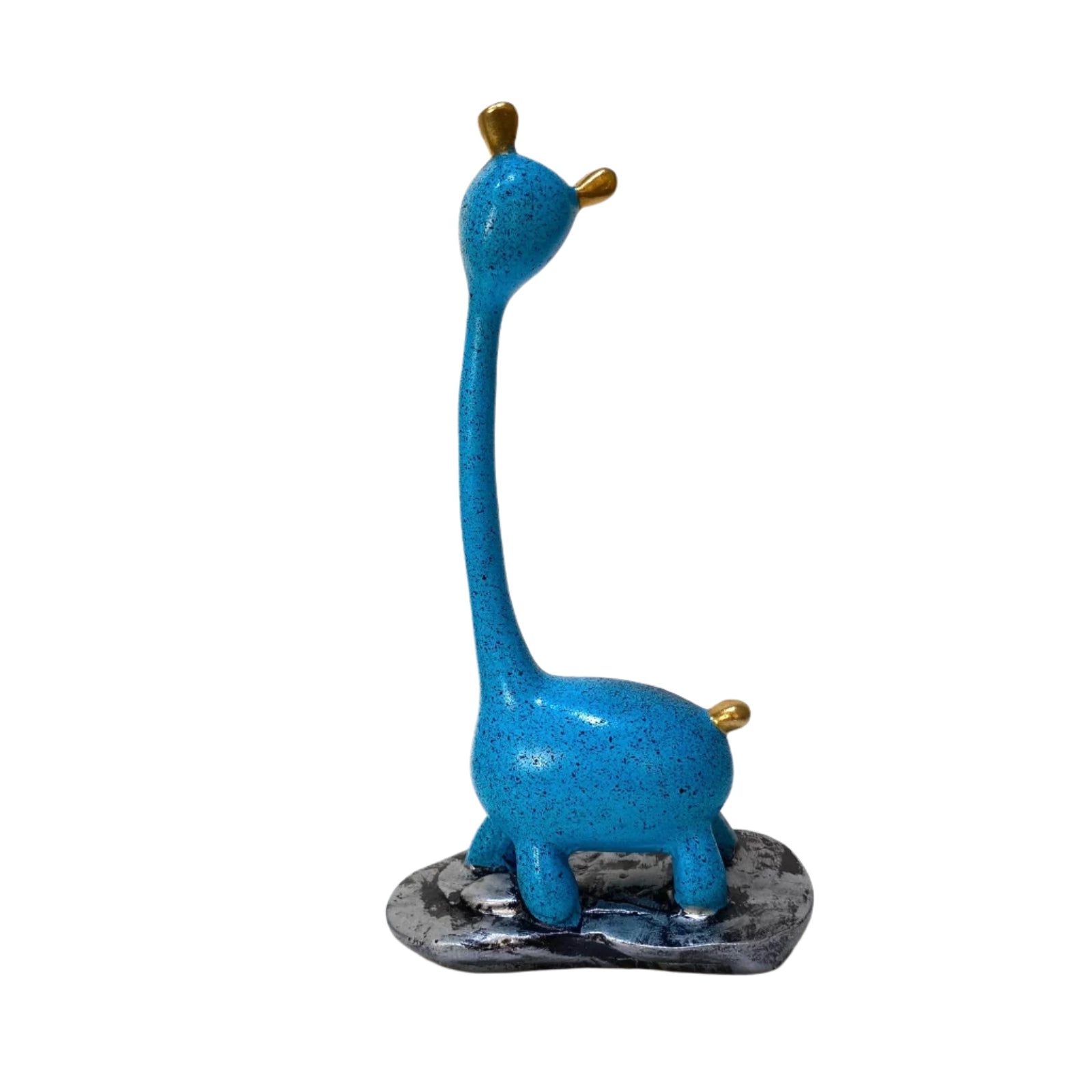 Blue ceramic giraffe figurine on a white surface with a light background