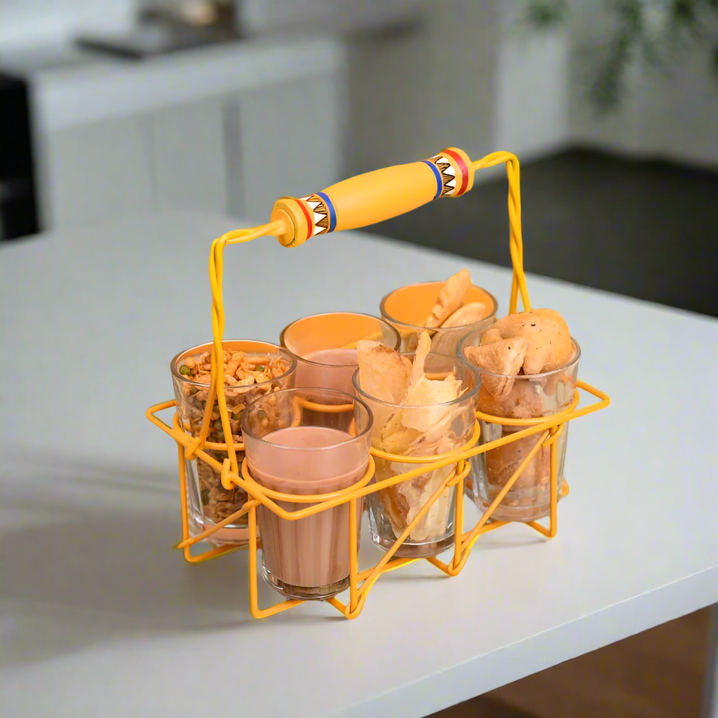 Unique Shaped Hand Painted Tray With 4/6 Glasses Serve Beverage By Tamrapatra